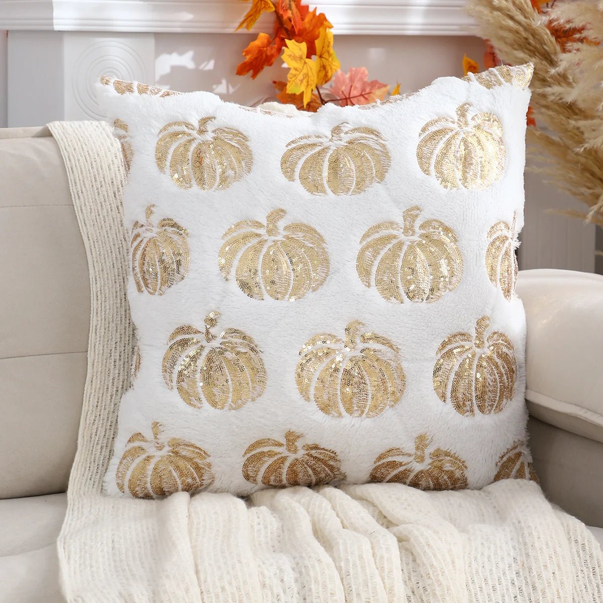 Pumpkin Cushion Cover with Sequins and Zipper Orange Beige White Decorative Autumn Theme Living Room Bedroom | Sansoti