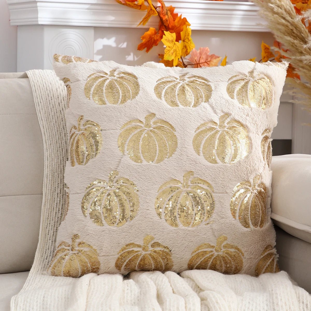 Pumpkin Cushion Cover with Sequins and Zipper Orange Beige White Decorative Autumn Theme Living Room Bedroom | Sansoti
