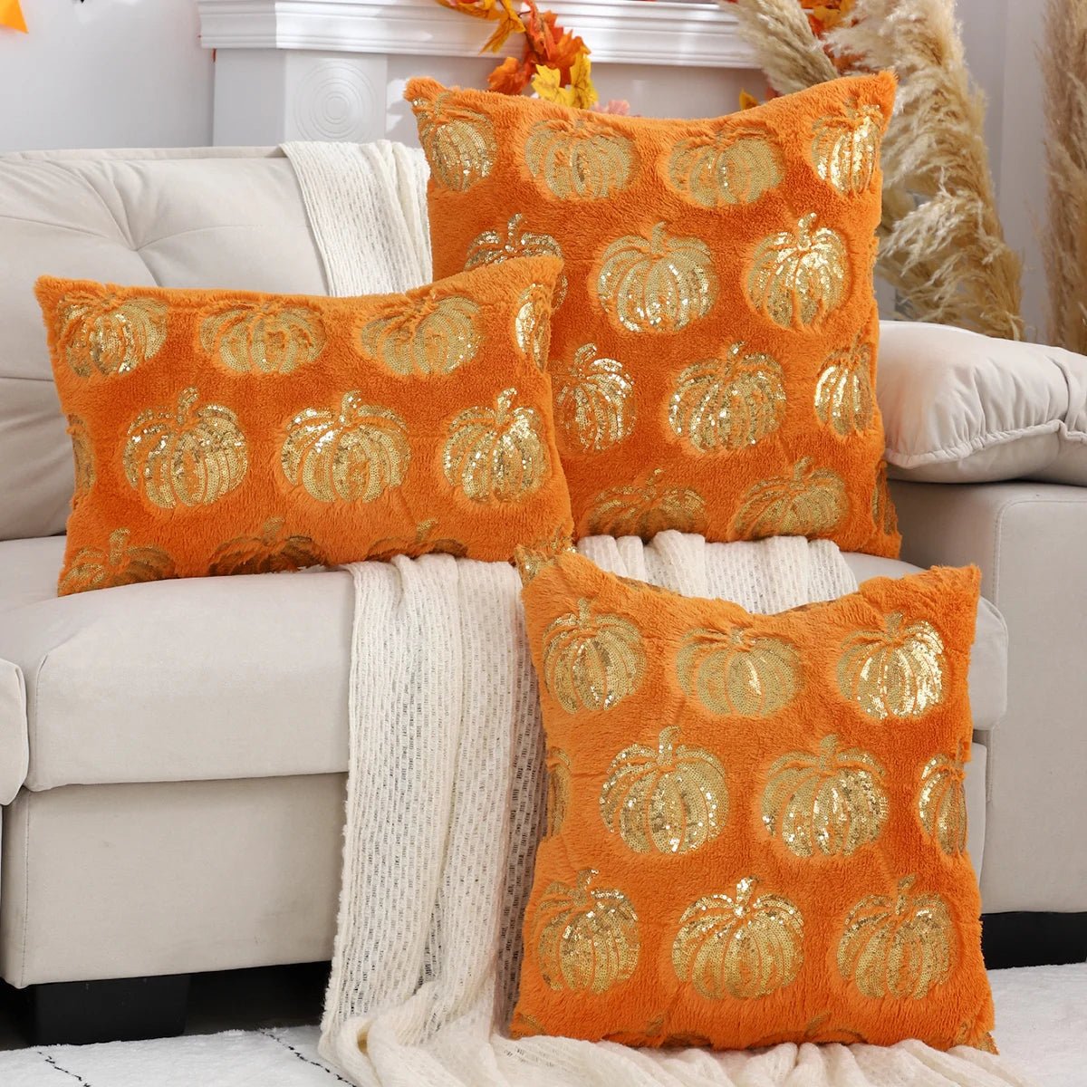 Pumpkin Cushion Cover with Sequins and Zipper Orange Beige White Decorative Autumn Theme Living Room Bedroom | Sansoti