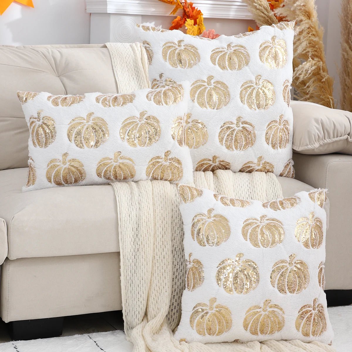 Pumpkin Cushion Cover with Sequins and Zipper Orange Beige White Decorative Autumn Theme Living Room Bedroom | Sansoti