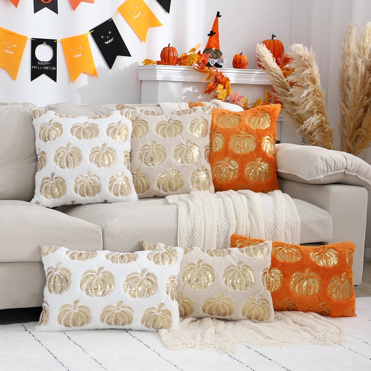 Pumpkin Cushion Cover with Sequins and Zipper Orange Beige White Decorative Autumn Theme Living Room Bedroom | Sansoti