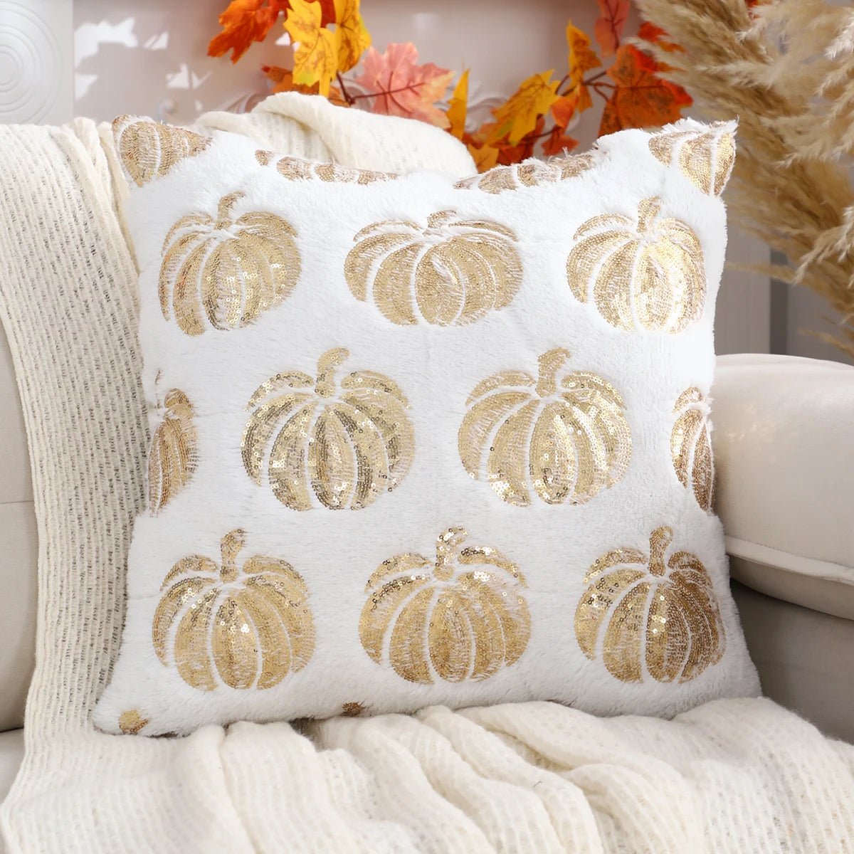 Pumpkin Cushion Cover with Sequins and Zipper Orange Beige White Decorative Autumn Theme Living Room Bedroom | Sansoti