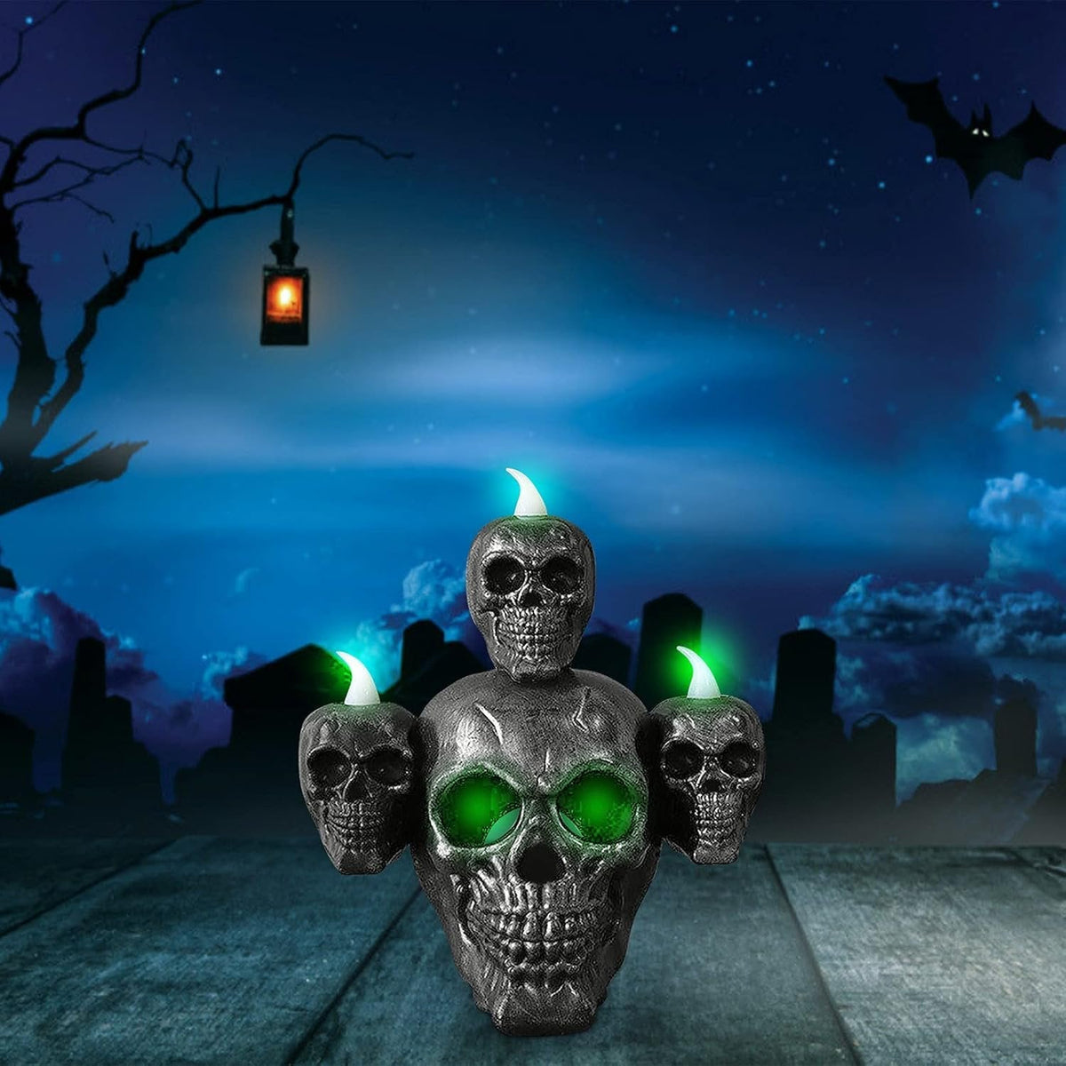 LED Skull Lamp Decoration Halloween Party Battery-Powered Ambient Lighting Spooky Theme Table Lamp Mood Light | Sansoti