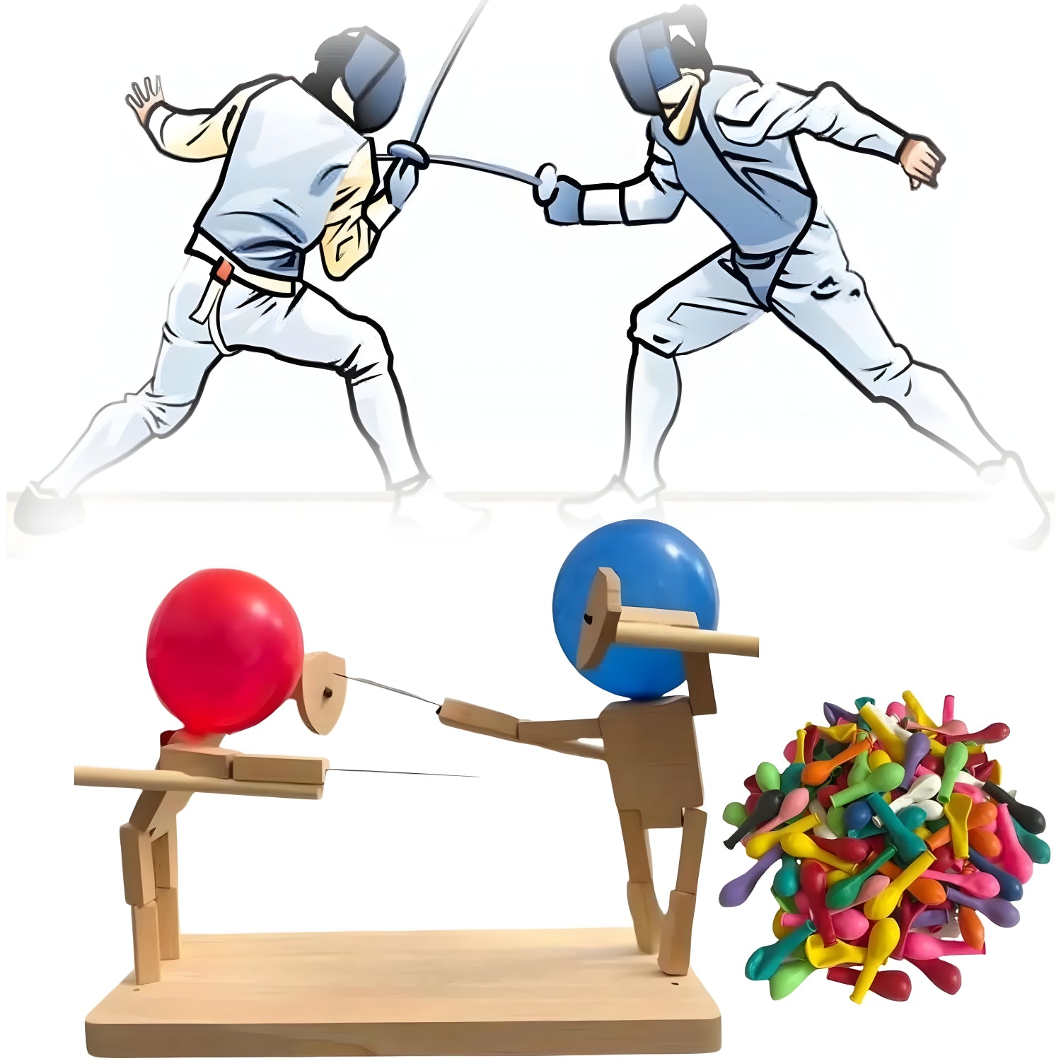 Houten Schermspel met Ballon Gevechten voor Kinderen en Familie | Speels Duelspel met Handgemaakte Houten Poppetjes | Reactiespel voor Feestjes en Verjaardag | Sansoti