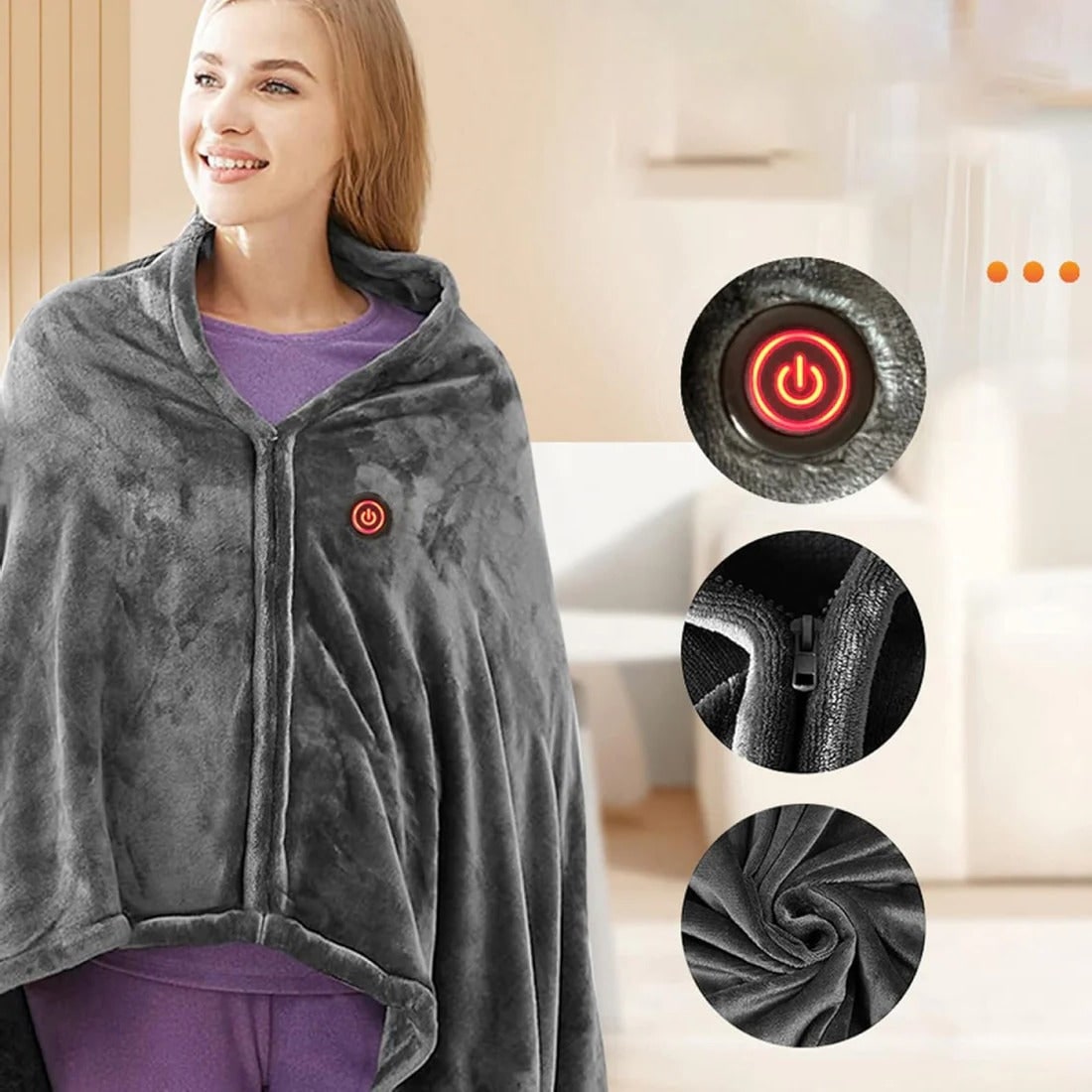Verwarmbare Fleece Cape met Rits USB Aansluiting Draagbaar Donkergrijs Zachte Deken Poncho Omslagdoek | Sansoti