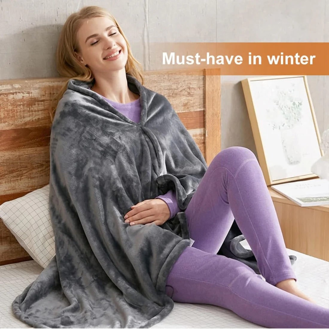 Verwarmbare Fleece Cape met Rits USB Aansluiting Draagbaar Donkergrijs Zachte Deken Poncho Omslagdoek | Sansoti