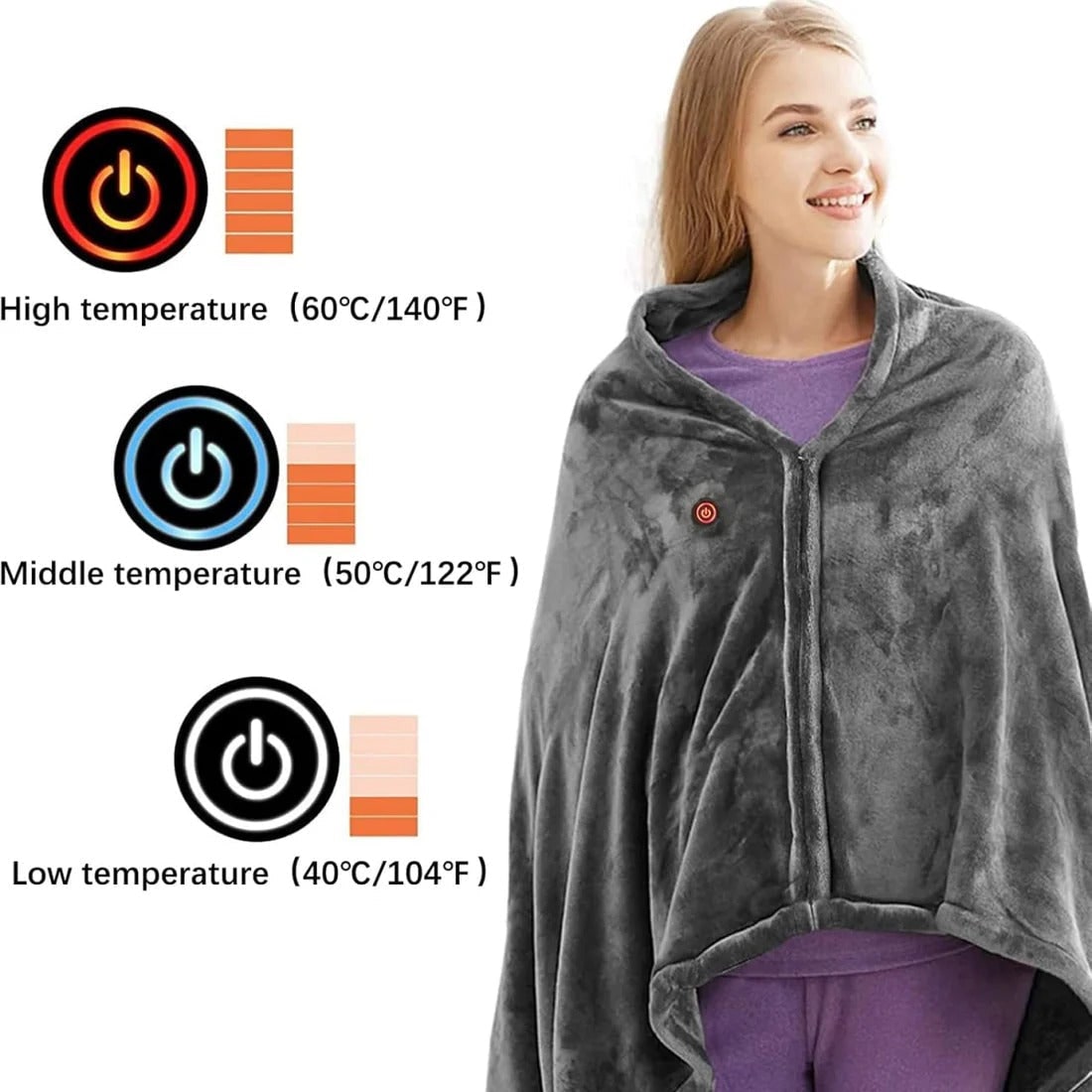 Verwarmbare Fleece Cape met Rits USB Aansluiting Draagbaar Donkergrijs Zachte Deken Poncho Omslagdoek | Sansoti