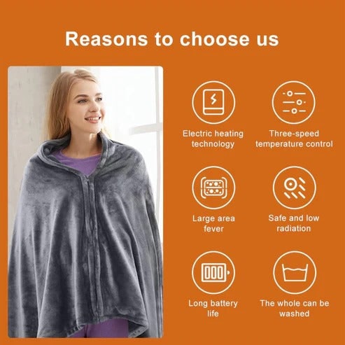 Verwarmbare Fleece Cape met Rits USB Aansluiting Draagbaar Donkergrijs Zachte Deken Poncho Omslagdoek | Sansoti