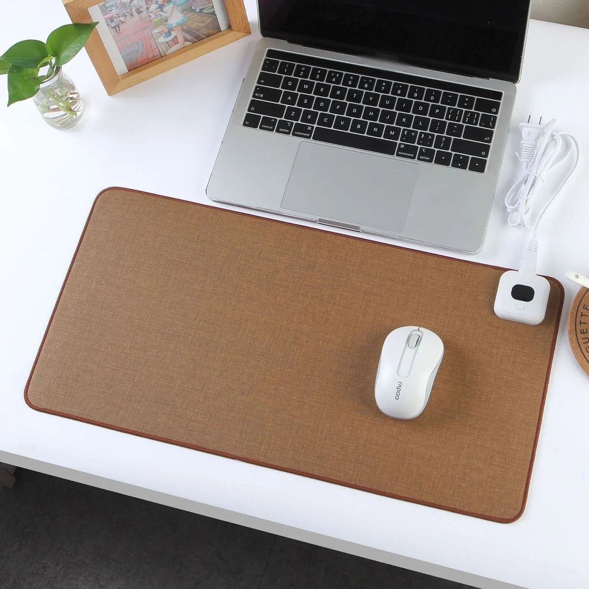 Heated Desk Mat with Temperature Control, Linen Texture, Rounded Corners for Office and Home Workspaces | Sansoti