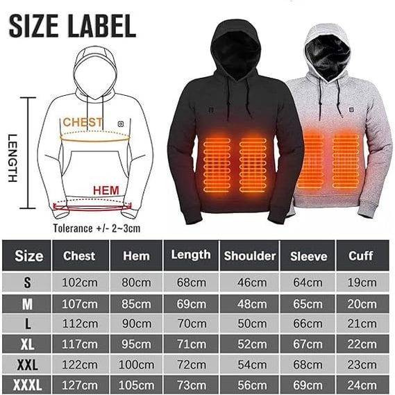 Beheizter Hoodie mit USB-Anschluss und verstellbaren Heizzonen für Arbeiten im Freien, Camping, Wandern und den Winter | Sansoti