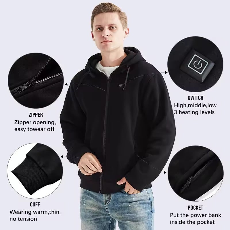 Beheizter Hoodie mit USB-Anschluss und verstellbaren Heizzonen für Arbeiten im Freien, Camping, Wandern und den Winter | Sansoti