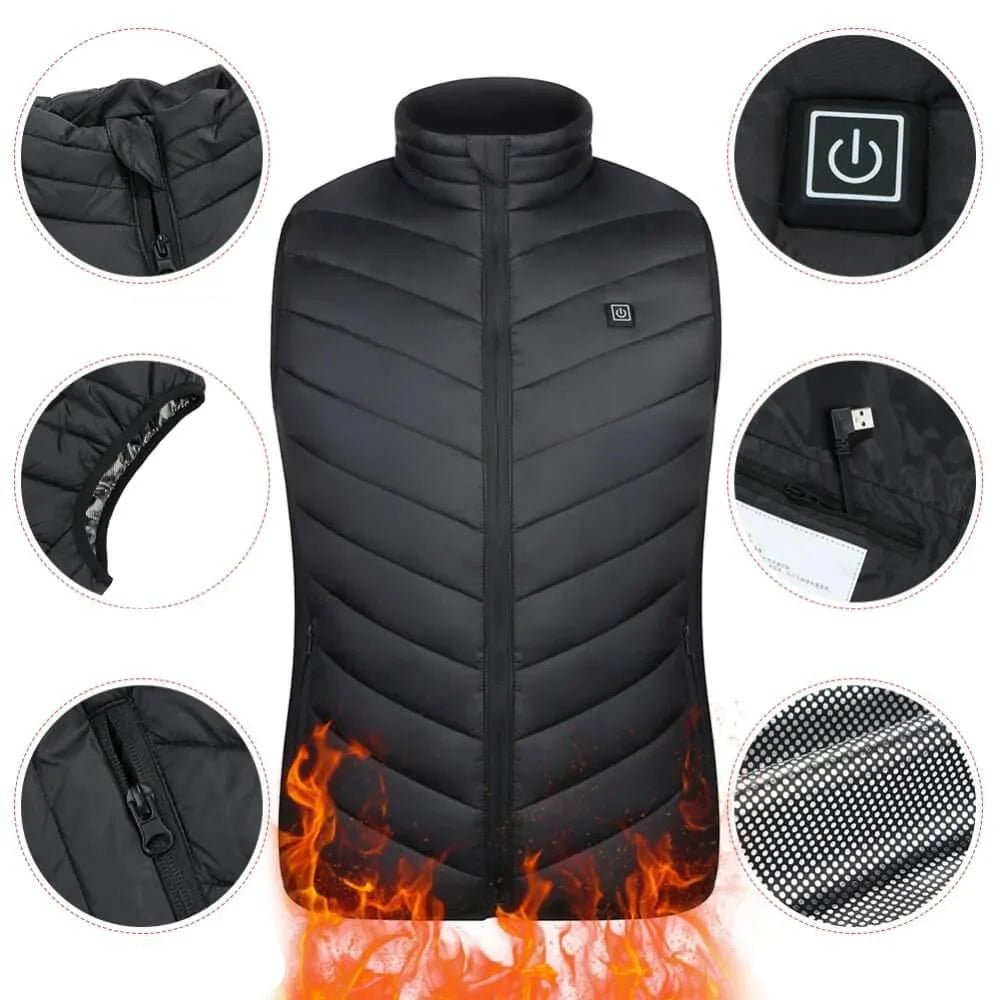 Heatable Thermal Vest Windproof & Waterproof 5 Heating Zones Three Temperature Settings Black Blue | Sansoti