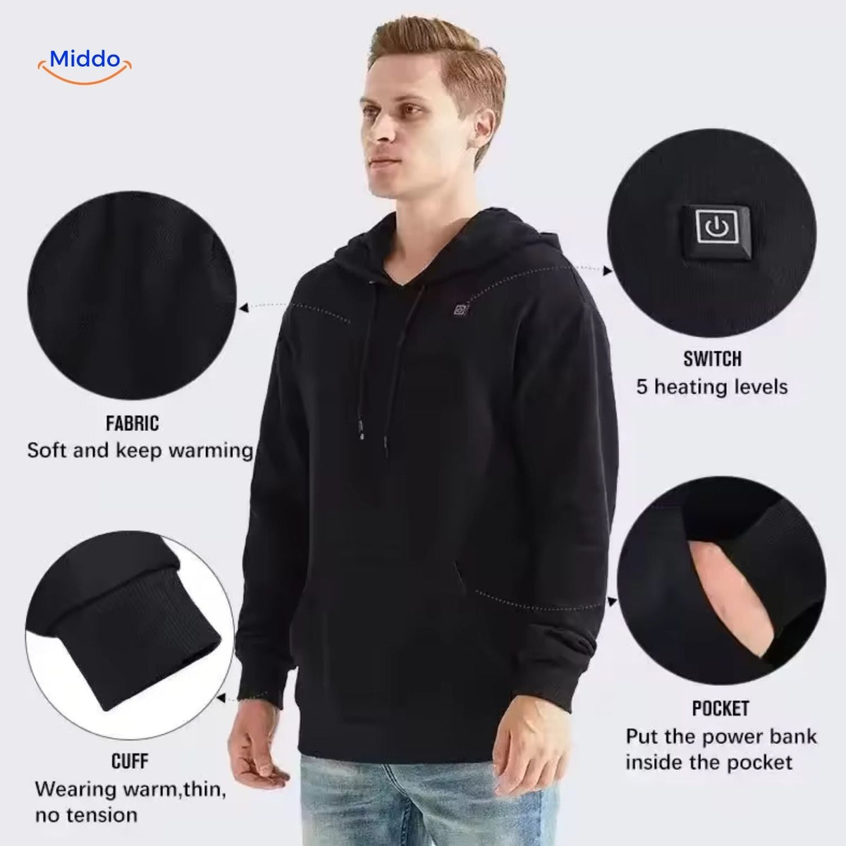 Beheizter Hoodie mit USB-Powerbank, 3 Wärmestufen, für drinnen und draußen, elastisch, bequem, lässig, Unisex-Pullover | Sansoti