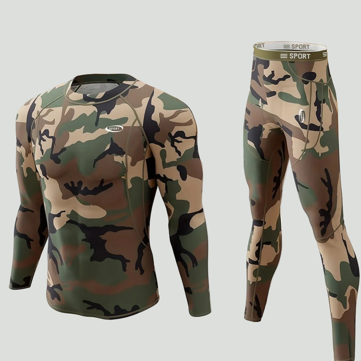 Thermische Herenset Lange Mouwen Fleecegevoerd Camouflage Basislaag Sportkleding Winter Outdoor Activewear | Sansoti