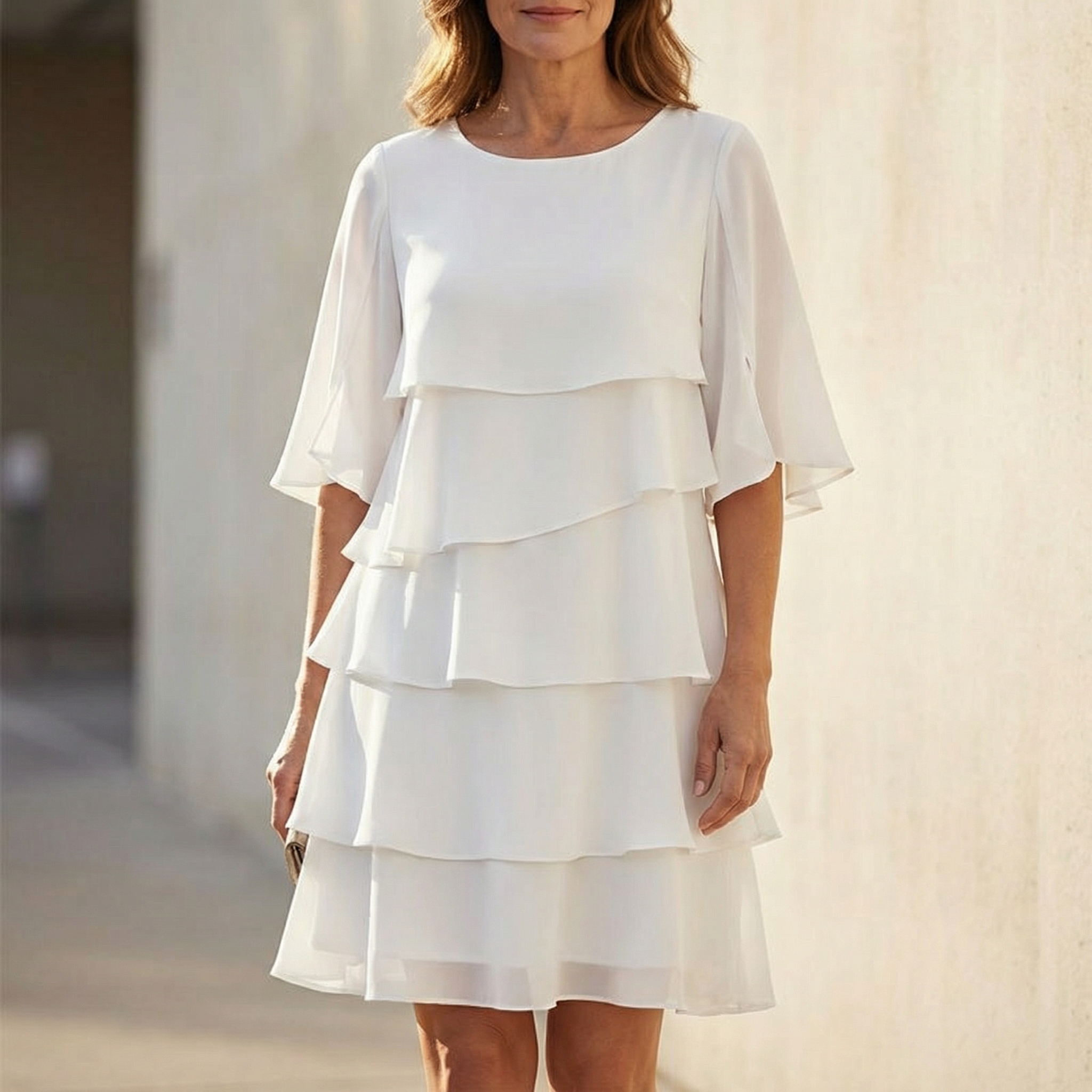 Gelaagde Ruffle Jurk voor Vrouwen – Vloeiende Chiffon met Vleugelmouwen & 4 Lagen | Sansoti
