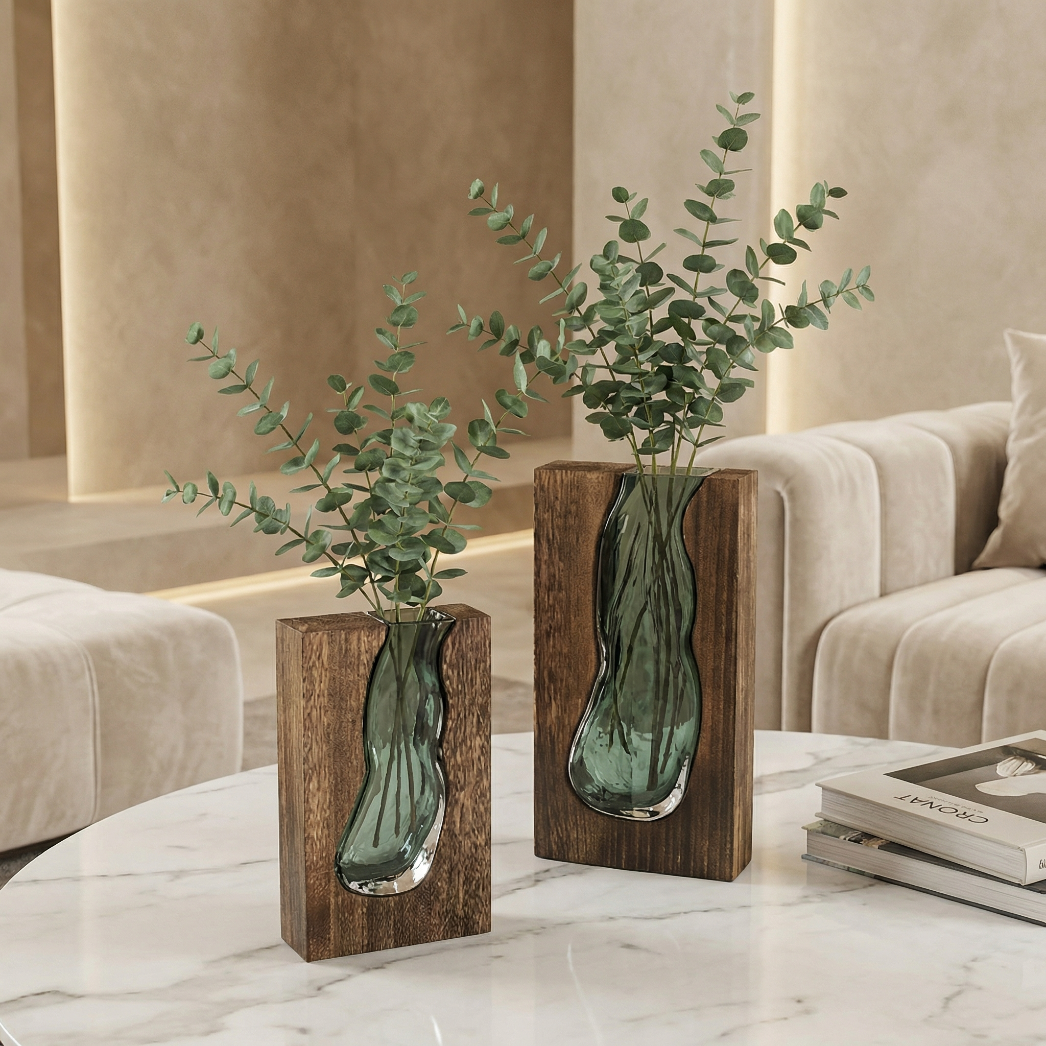 Glazen vaas met natuurlijke houtrand live edge stijl Scandinavisch design decoratief voor bloemen | Sansoti