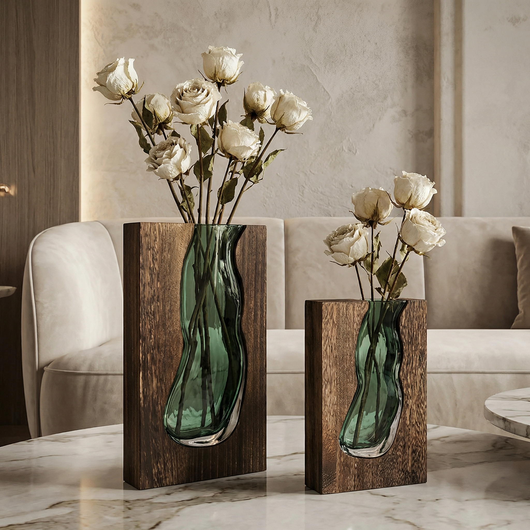 Glazen vaas met natuurlijke houtrand live edge stijl Scandinavisch design decoratief voor bloemen | Sansoti
