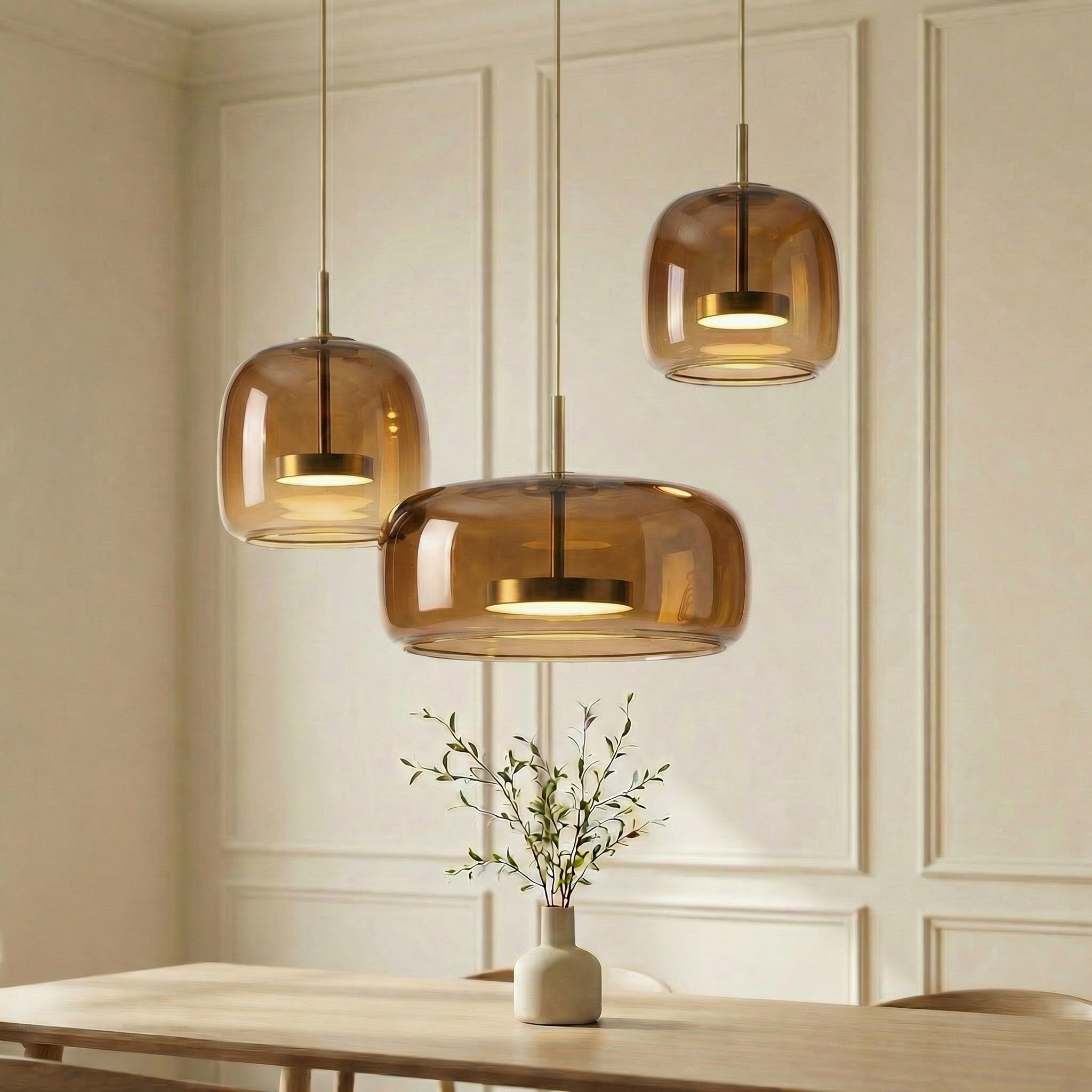 Scandinavische Glazen Hanglamp – Warm Sfeerlicht met Amber, Helder of Grijs Glas – Ø 15, 25 of 35 cm – Moderne Verlichting voor Keuken, Eetkamer en Woonkamer | Sansoti