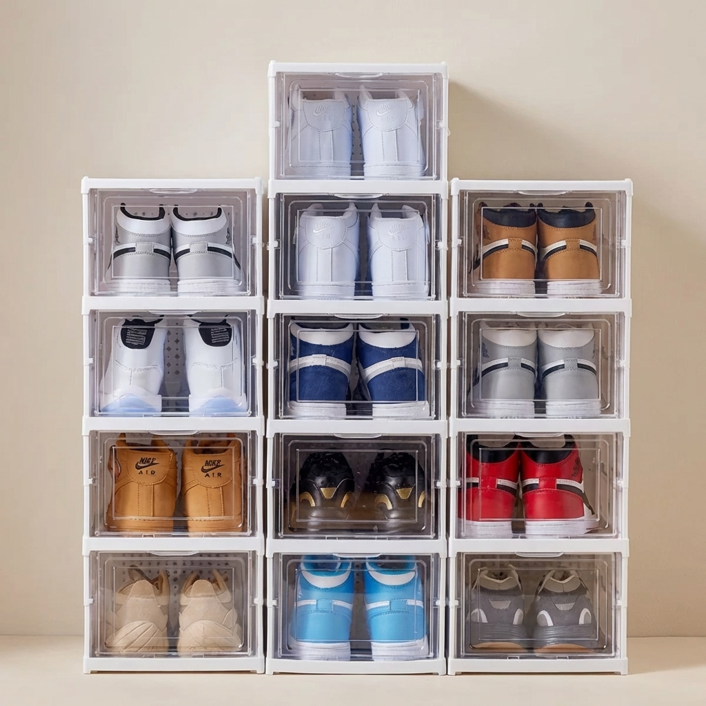 Opvouwbaar Schoenenrek 3 Lagen Wit Kunststof met Transparante Deur Platbesparend Stapelbaar Organizer Kastje 25,5×34,5×52,5cm Modulair Opbergsysteem | Sansoti