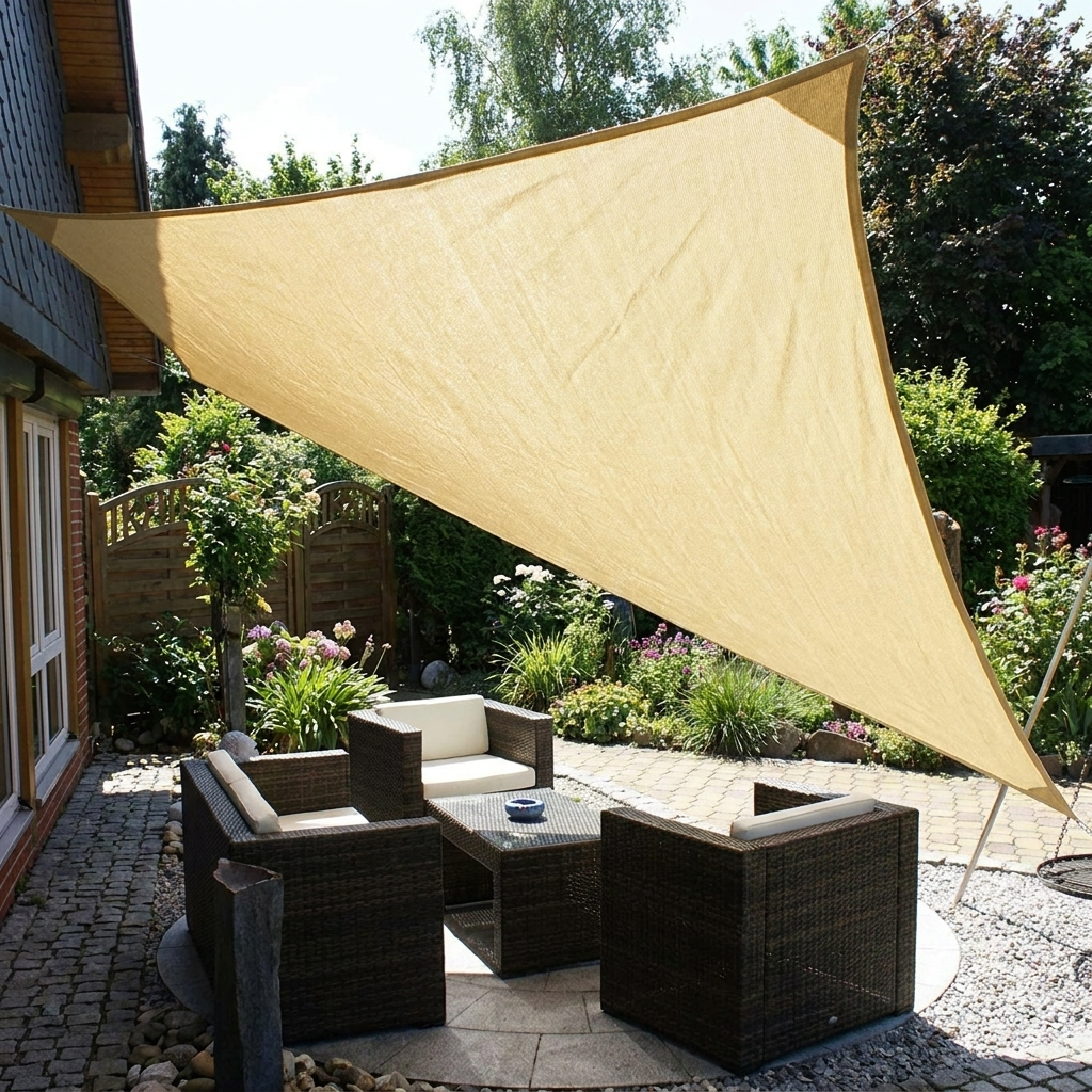 Schaduwdoek Beige Driehoek - Beige-Triangle-3Mx4Mx5M-with-hanging-accessoires