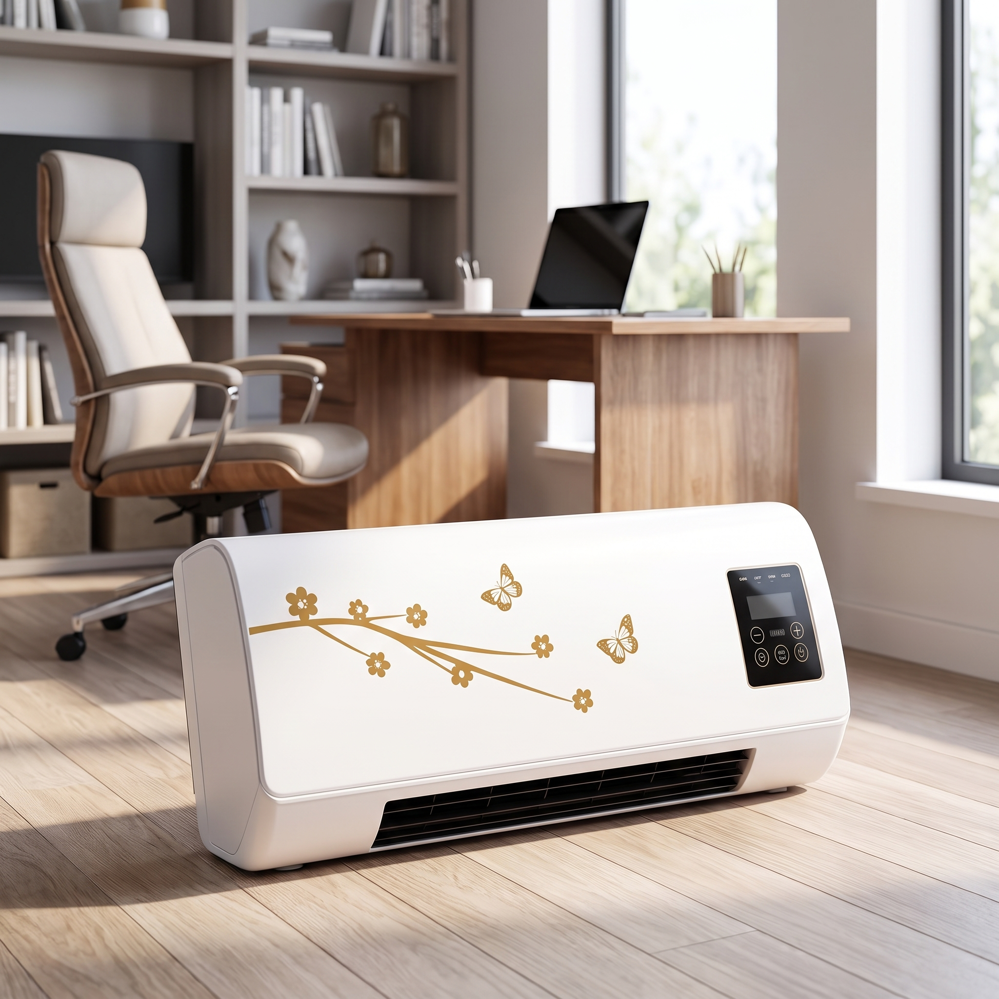 Verrijdbare airco in een kantoor naast een bureau