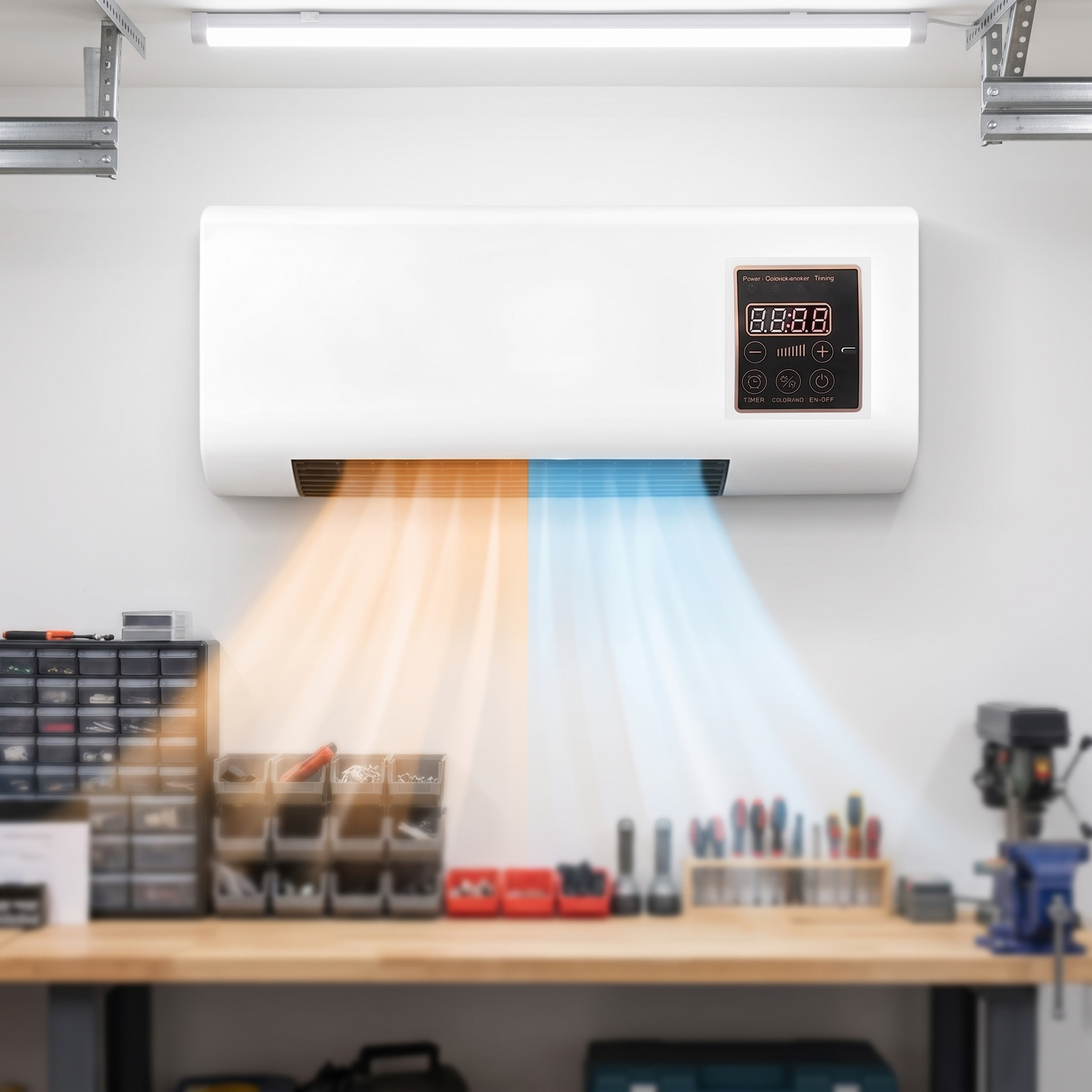 Witte airconditioner voor wandmontage boven een werkbank in een garage