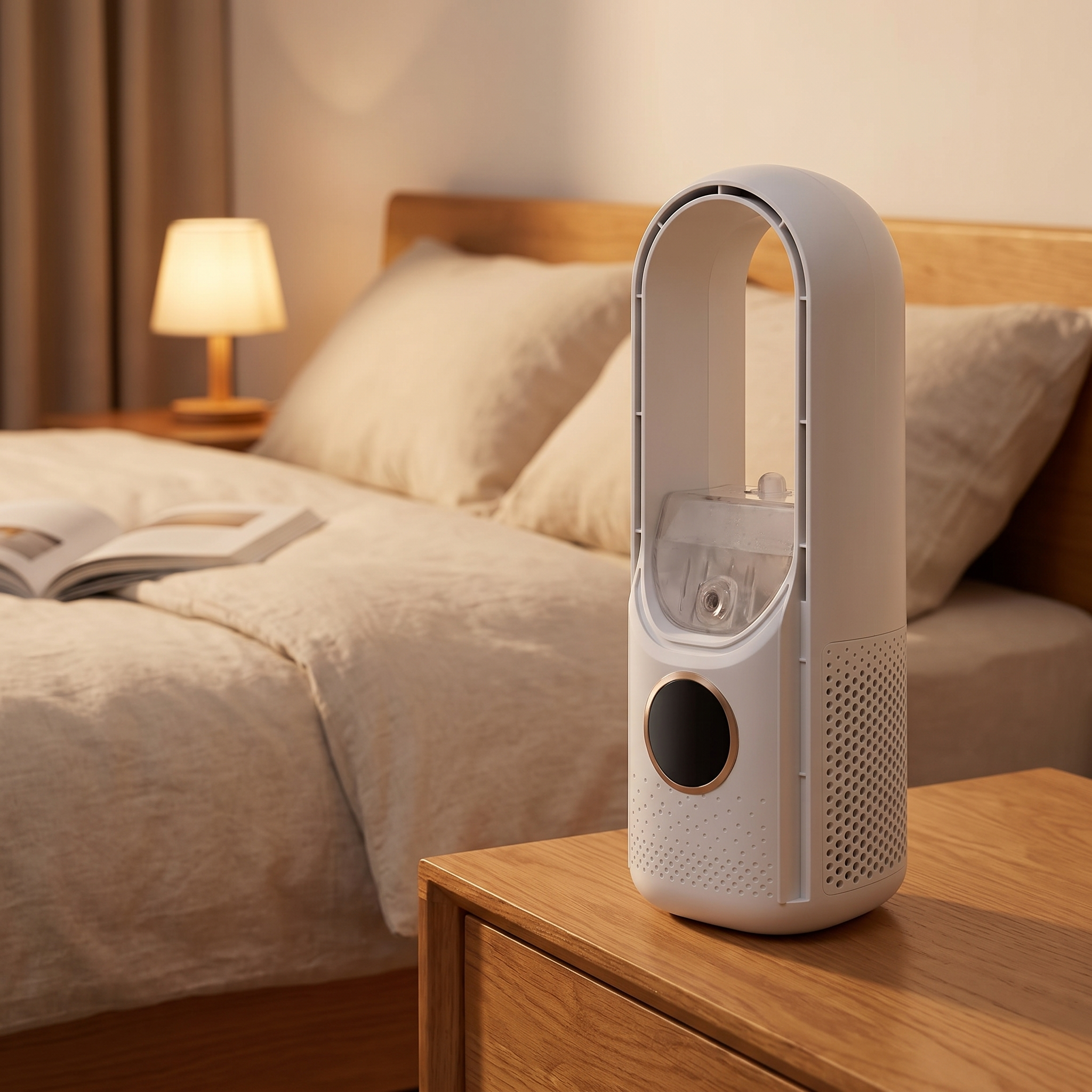 Bladloze ventilator draadloos oplaadbaar op een nachtkastje