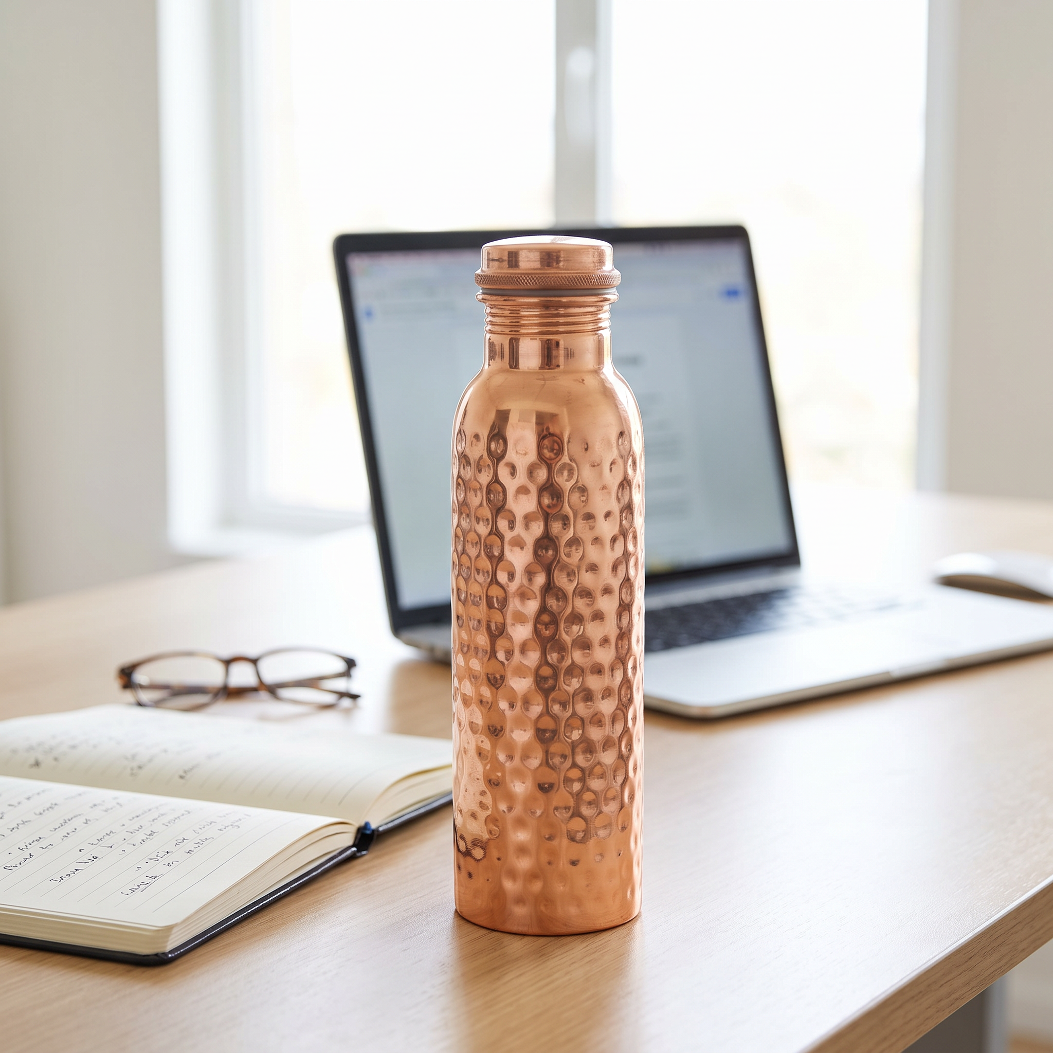 Koperen drinkfles 800ML gehamerd puur koper op kantoorbureau