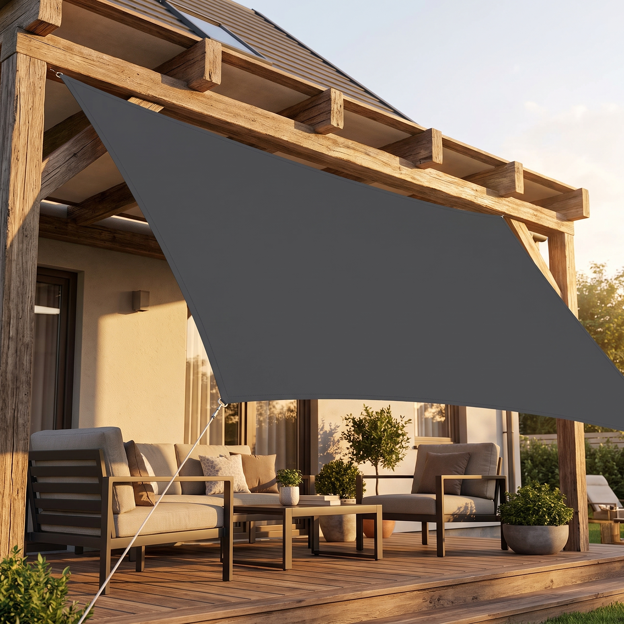 Waterdicht schaduwdoek gespannen over een houten pergola met veranda