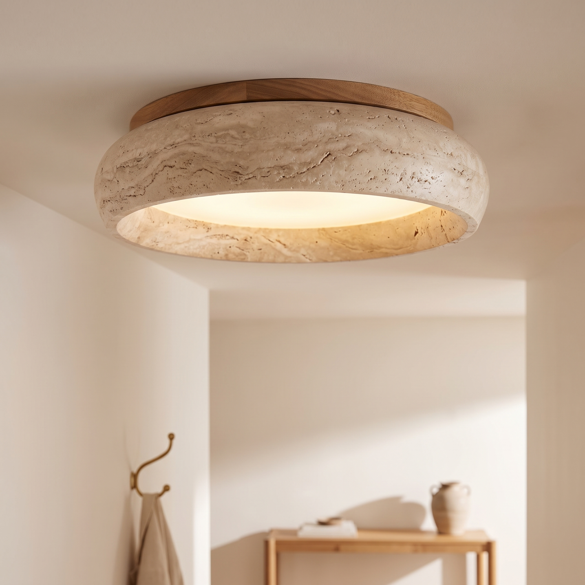 Plafondlamp natuursteen travertijn hal overloop | Sansoti