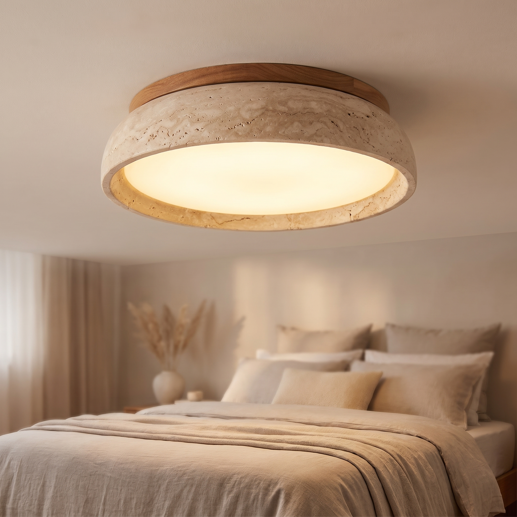 Plafondlamp slaapkamer warm licht travertijn | Sansoti