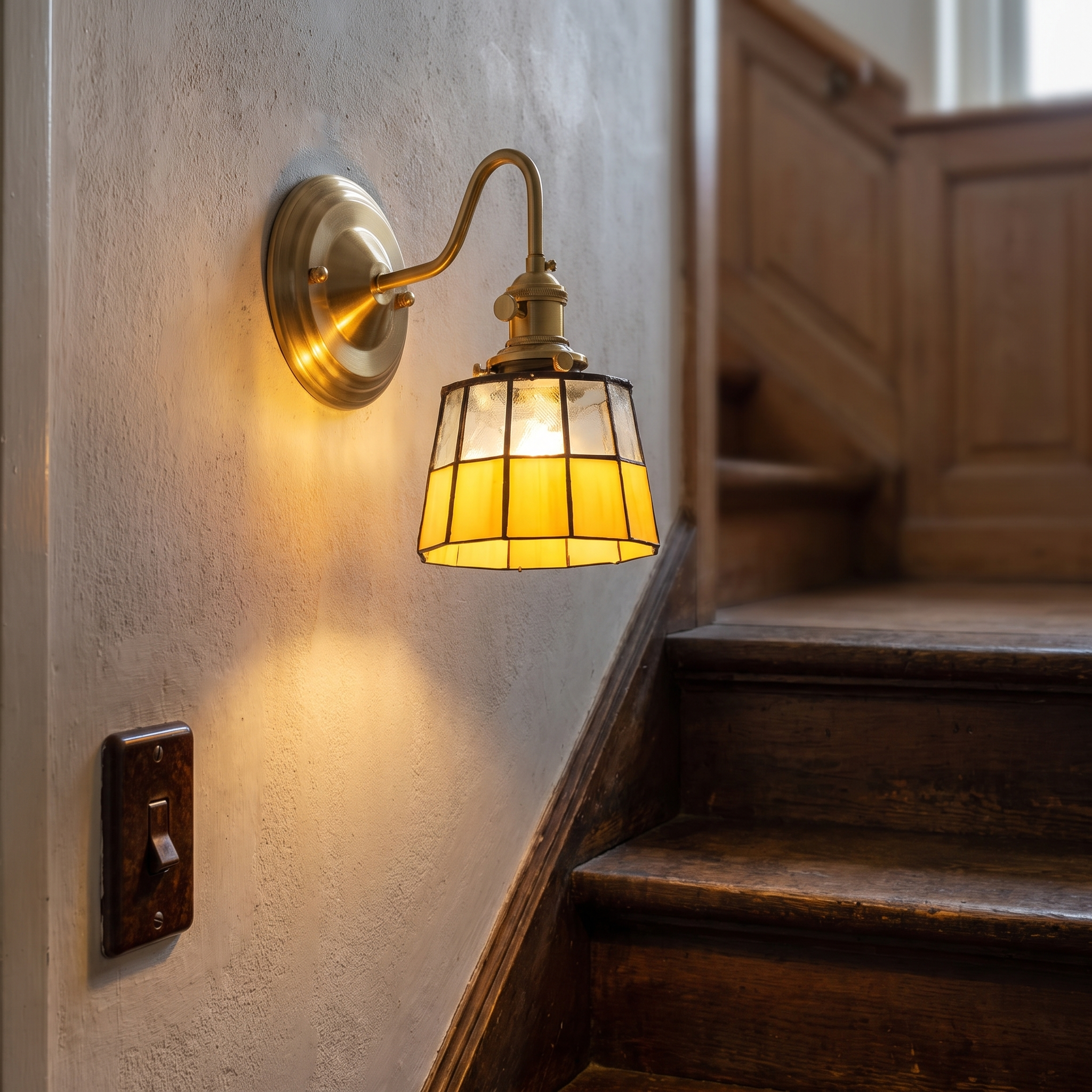 Wandlamp met glas in lood in het trappenhuis | Sansoti