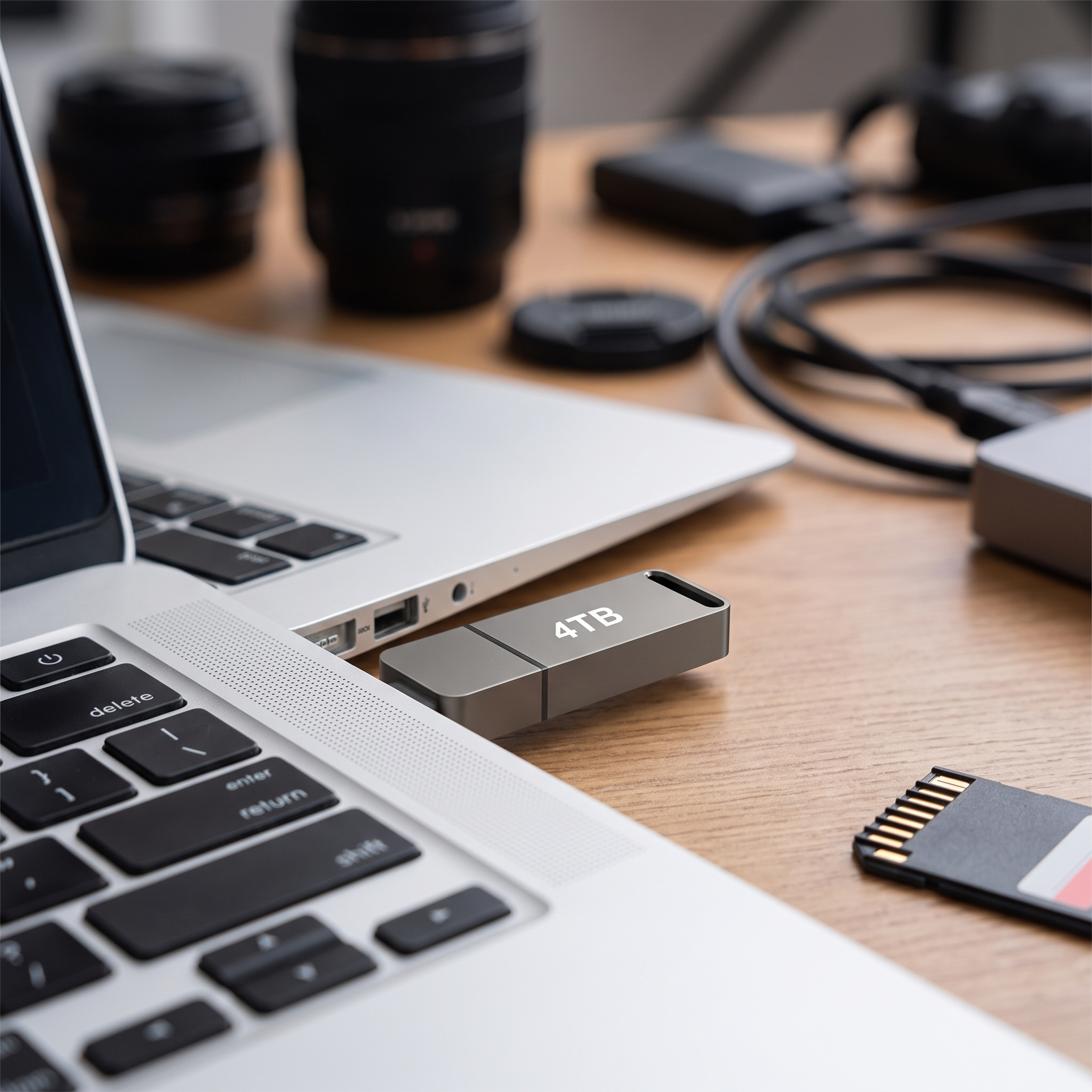 USB stick 4TB in de poort van een laptop op een werkplek | Sansoti