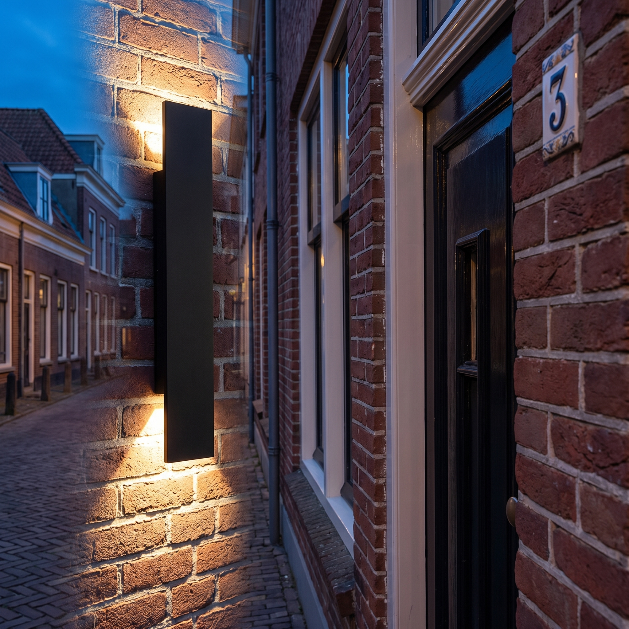 Buitenlamp naast de voordeur op een bakstenen gevel | Sansoti