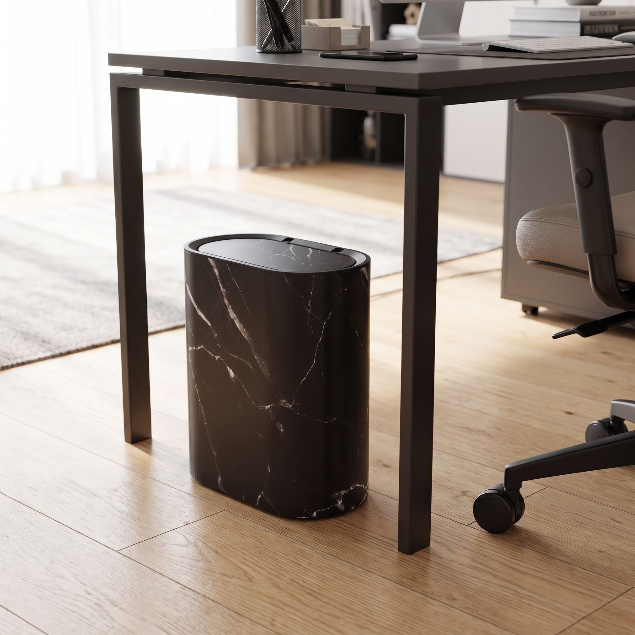Compacte prullenbak met deksel onder een bureau | Sansoti