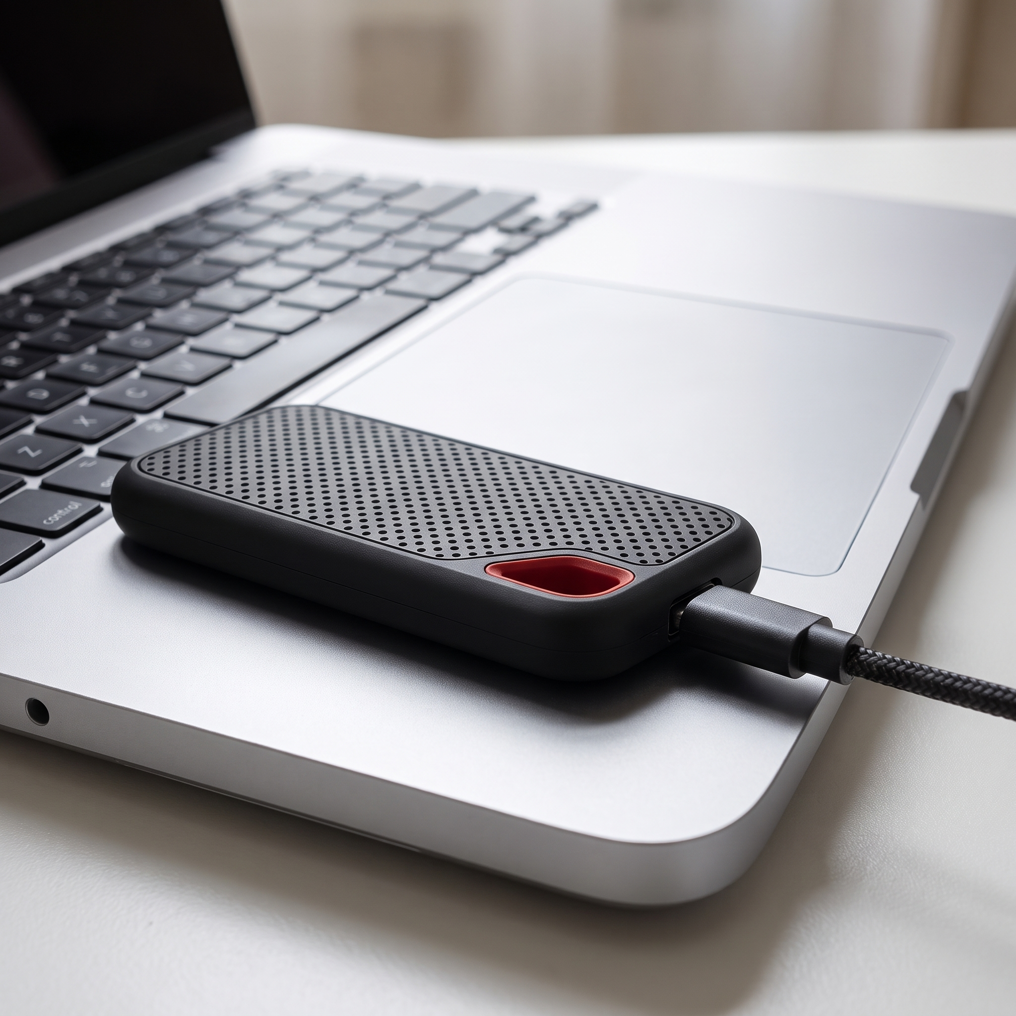 Externe SSD op de behuizing van een MacBook | Sansoti