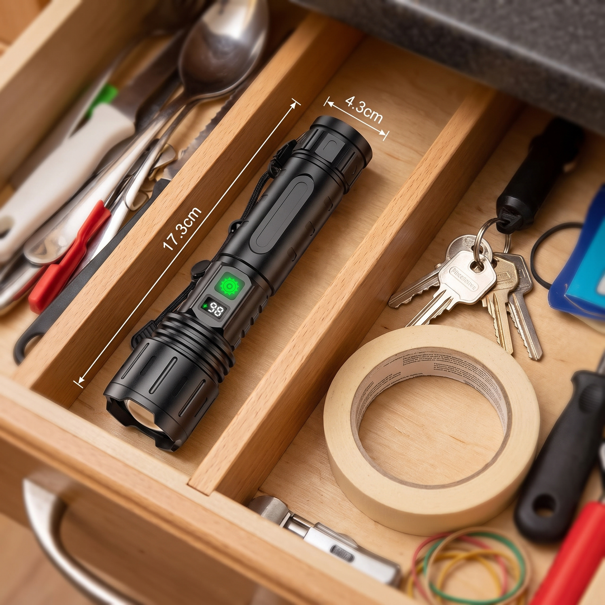 Oplaadbare zaklamp in een keukenla als noodverlichting | Sansoti