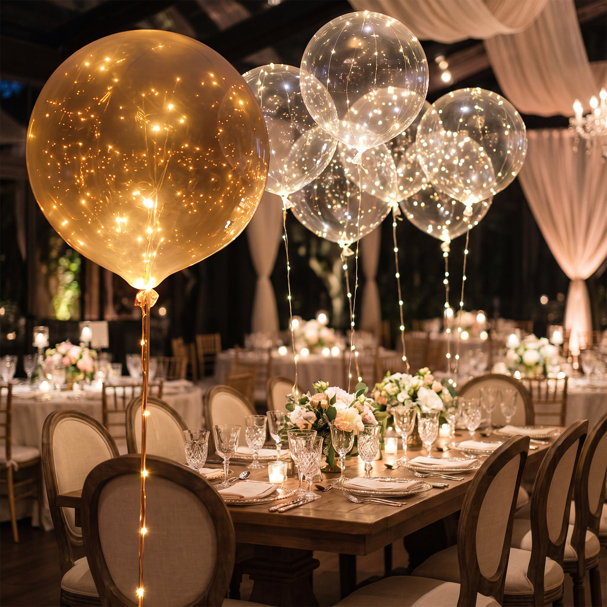 LED ballonnen boven bruidstafel warm wit licht