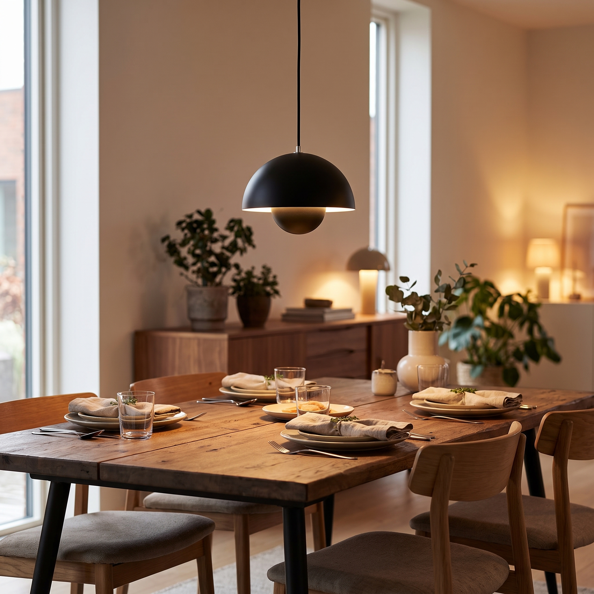 Bloempot hanglamp warm licht boven eettafel