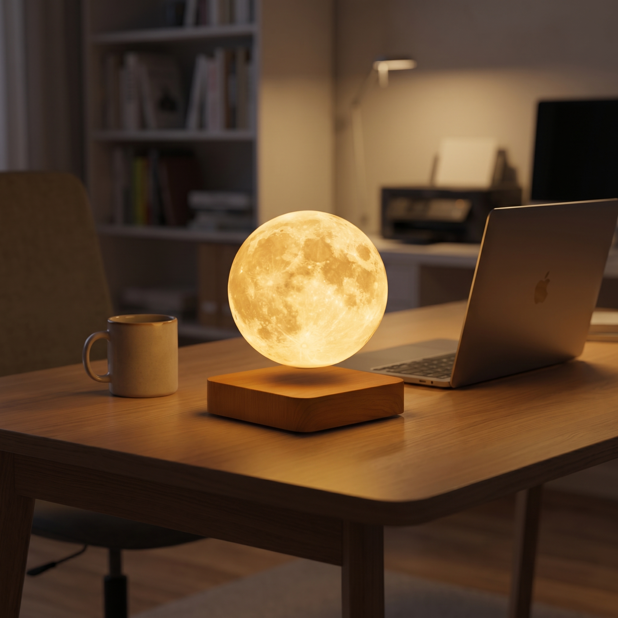Zwevende maanlamp op bureau in thuiskantoor