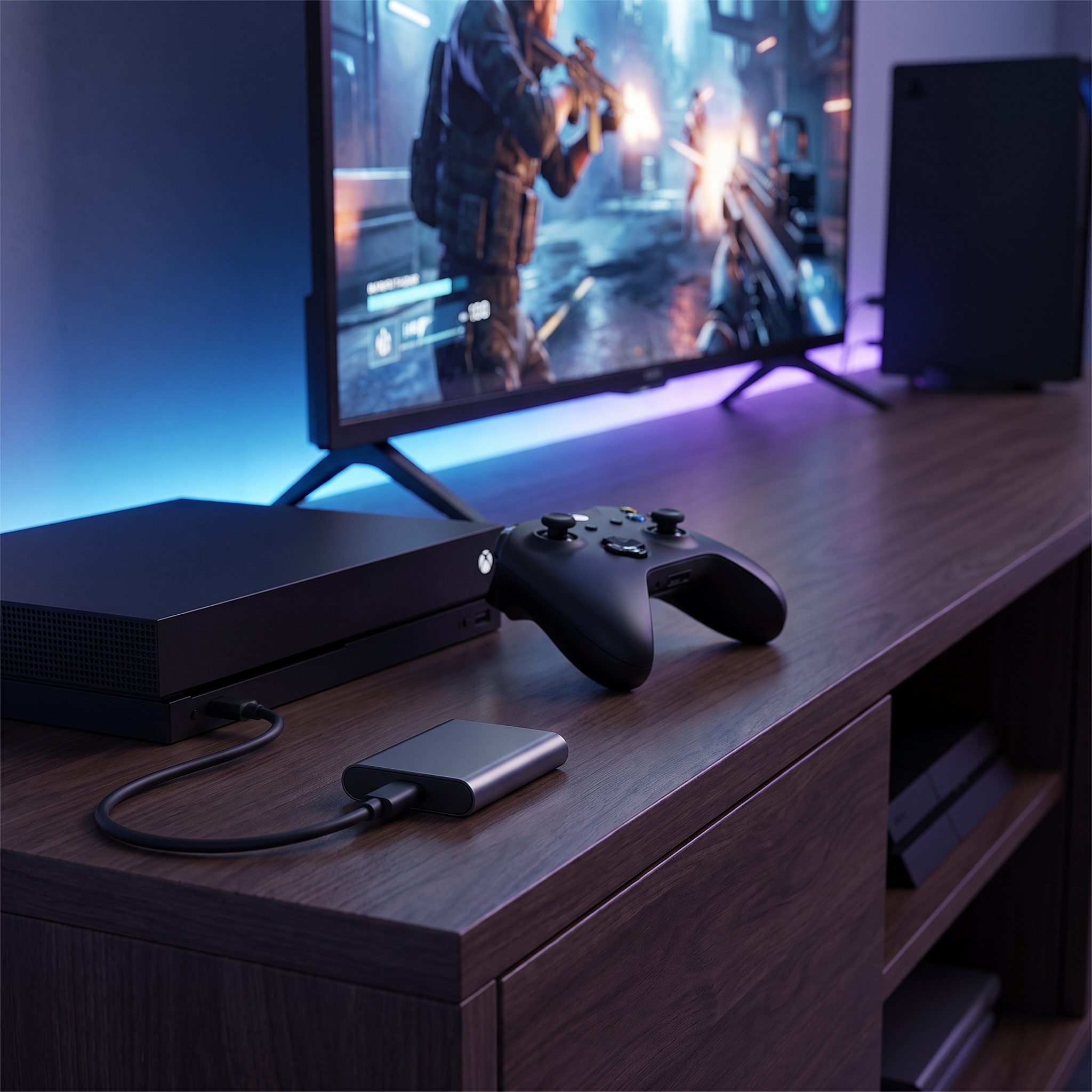 Externe SSD 2TB naast gameconsole en controller