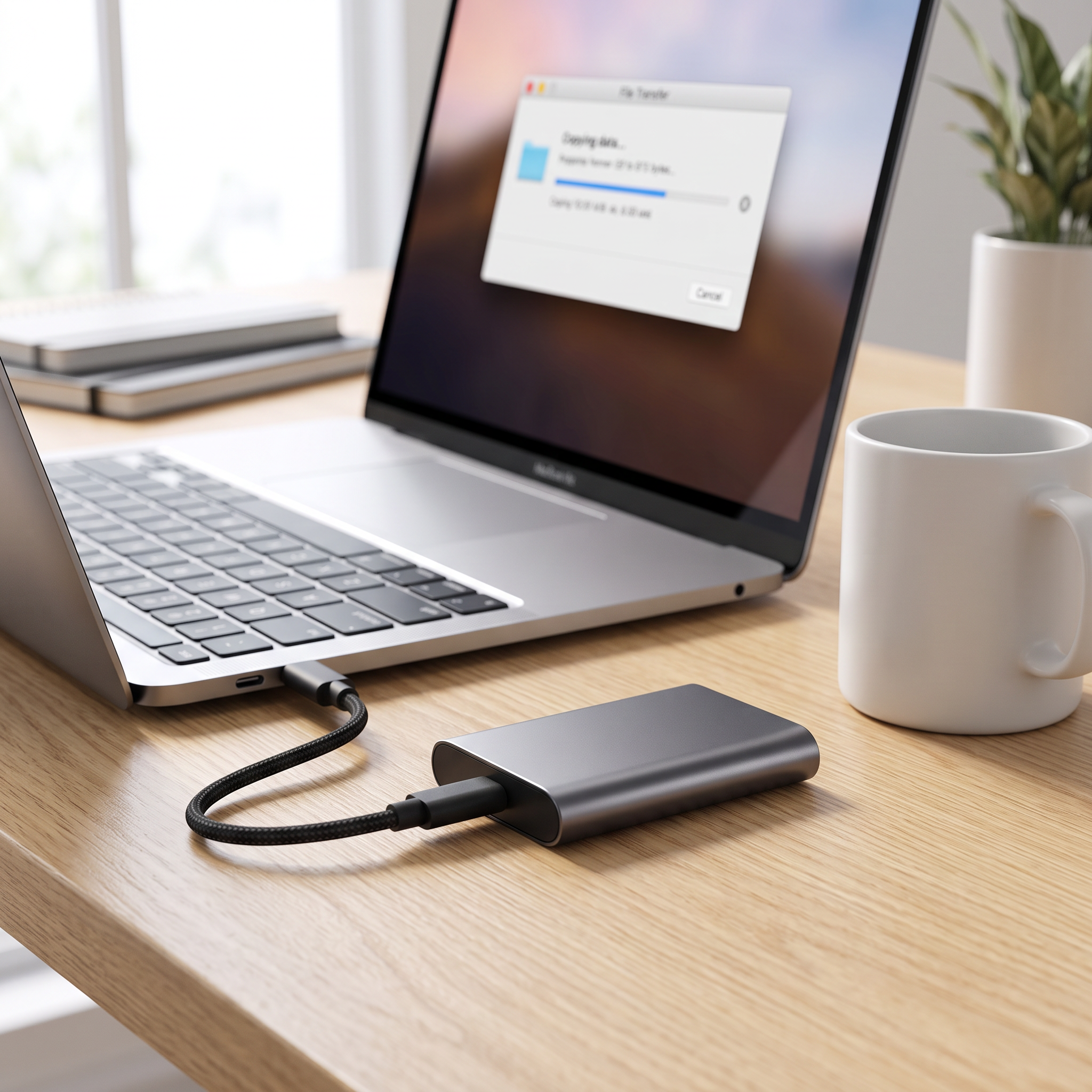 Externe SSD 2TB aangesloten op laptop op bureau