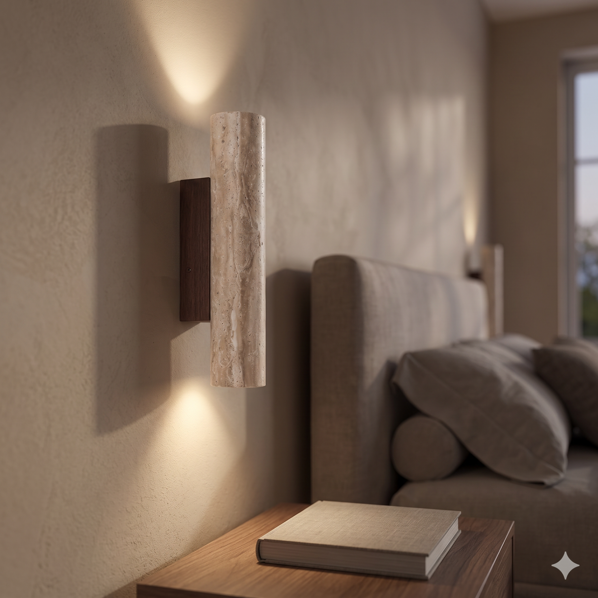 Travertin wandlamp naast bed in slaapkamer