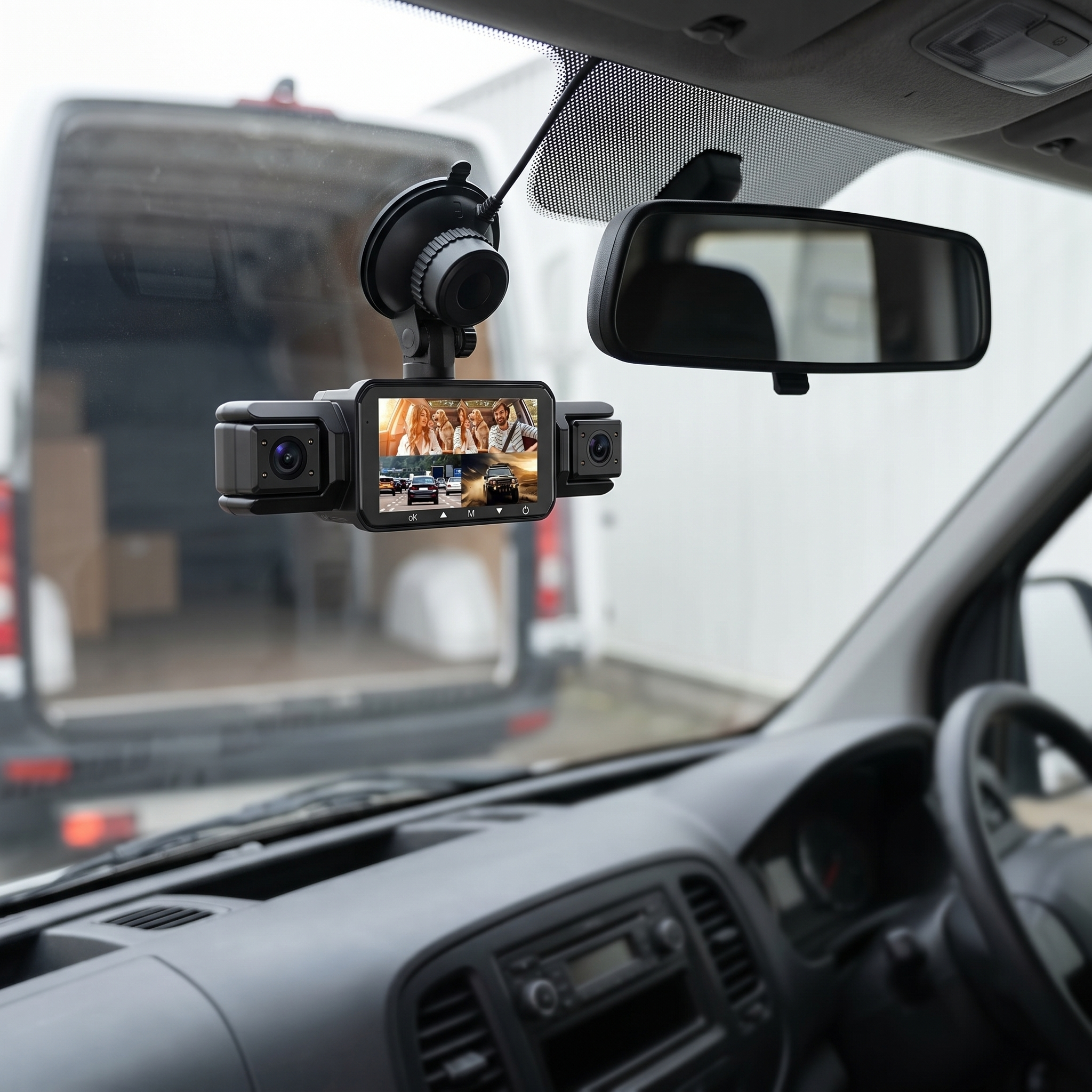 Dashcam op de voorruit van een bestelbus naast de binnenspiegel