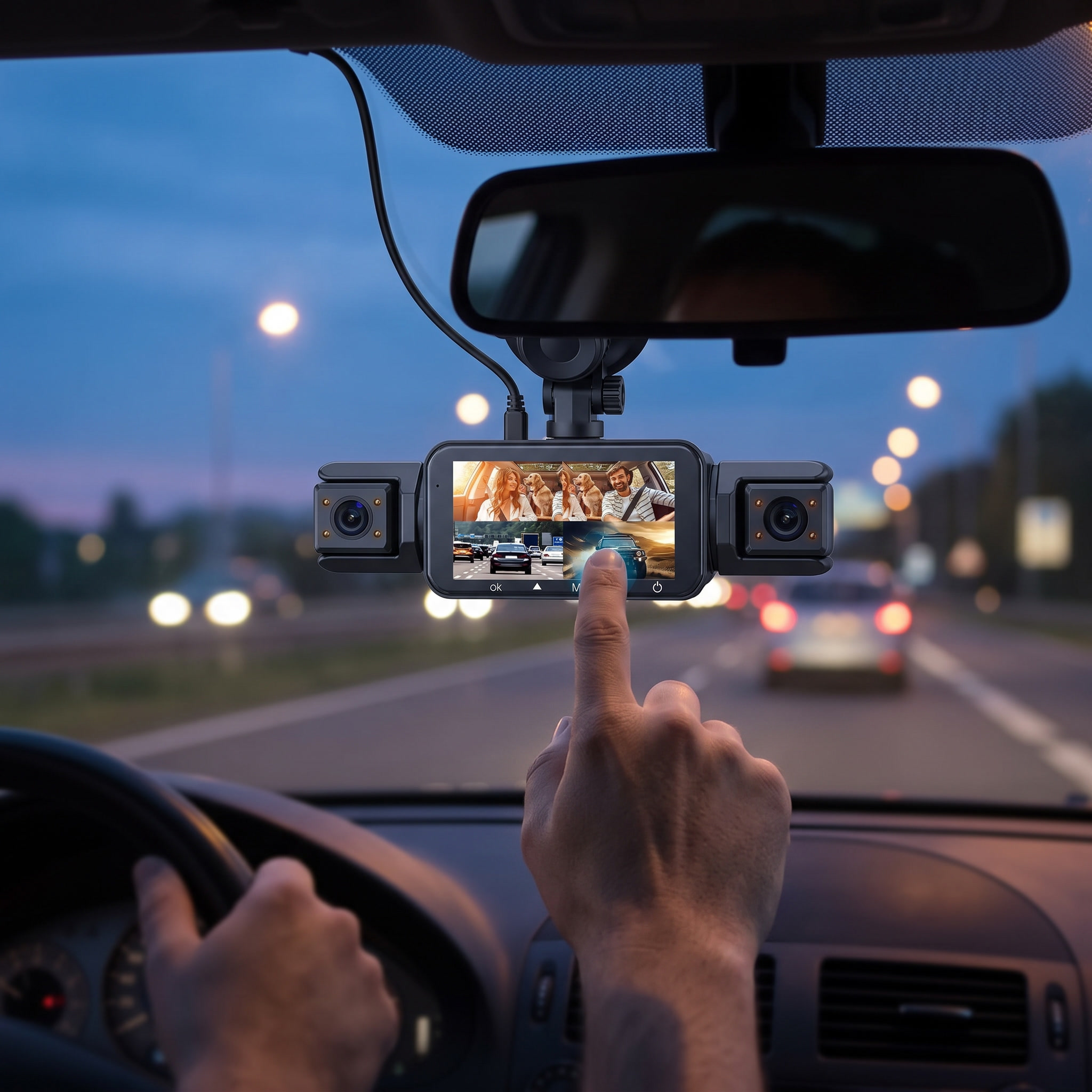 Dashcam op de voorruit met hand op het 3 inch scherm