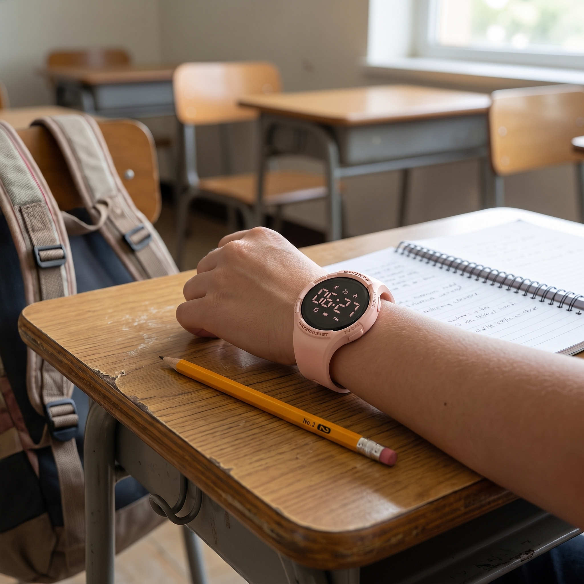 Smartwatch aan de pols op een schoolbank naast een schrift