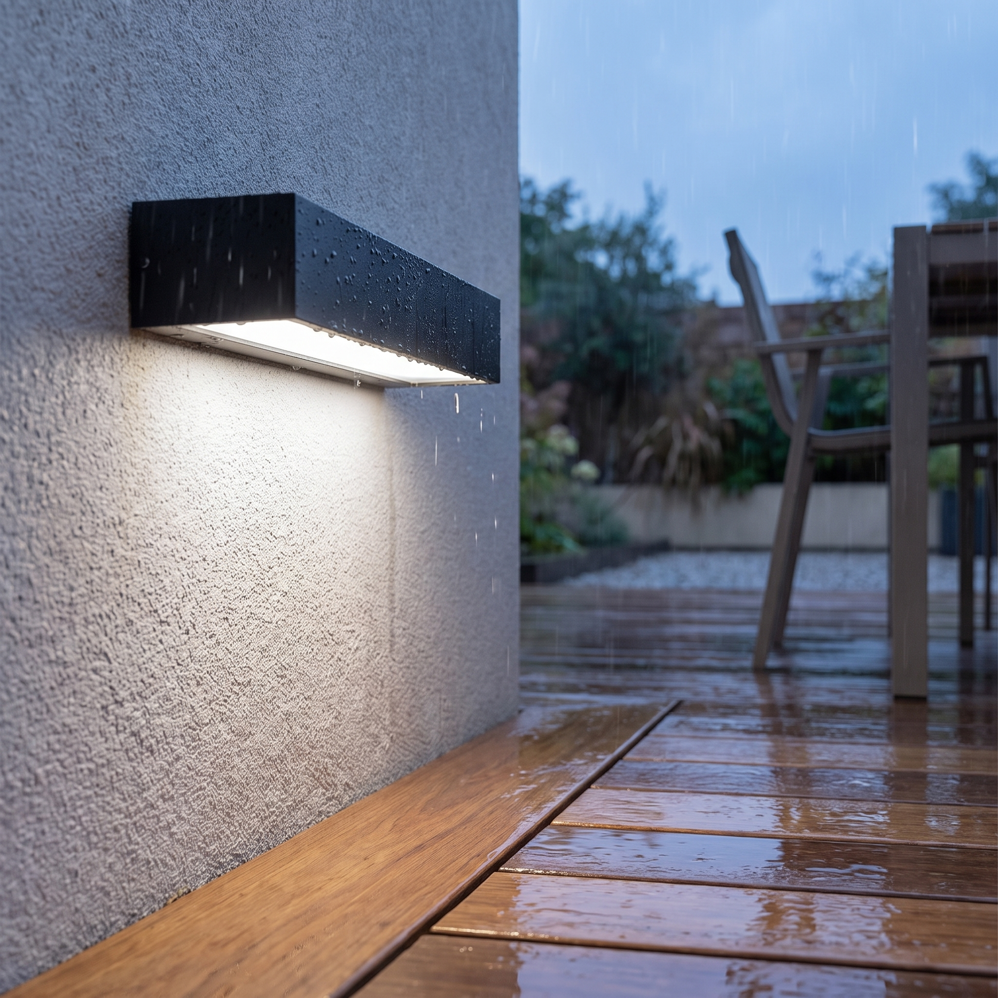 Wandlamp buiten IP65 op een tuinmuur bij het terras in de regen