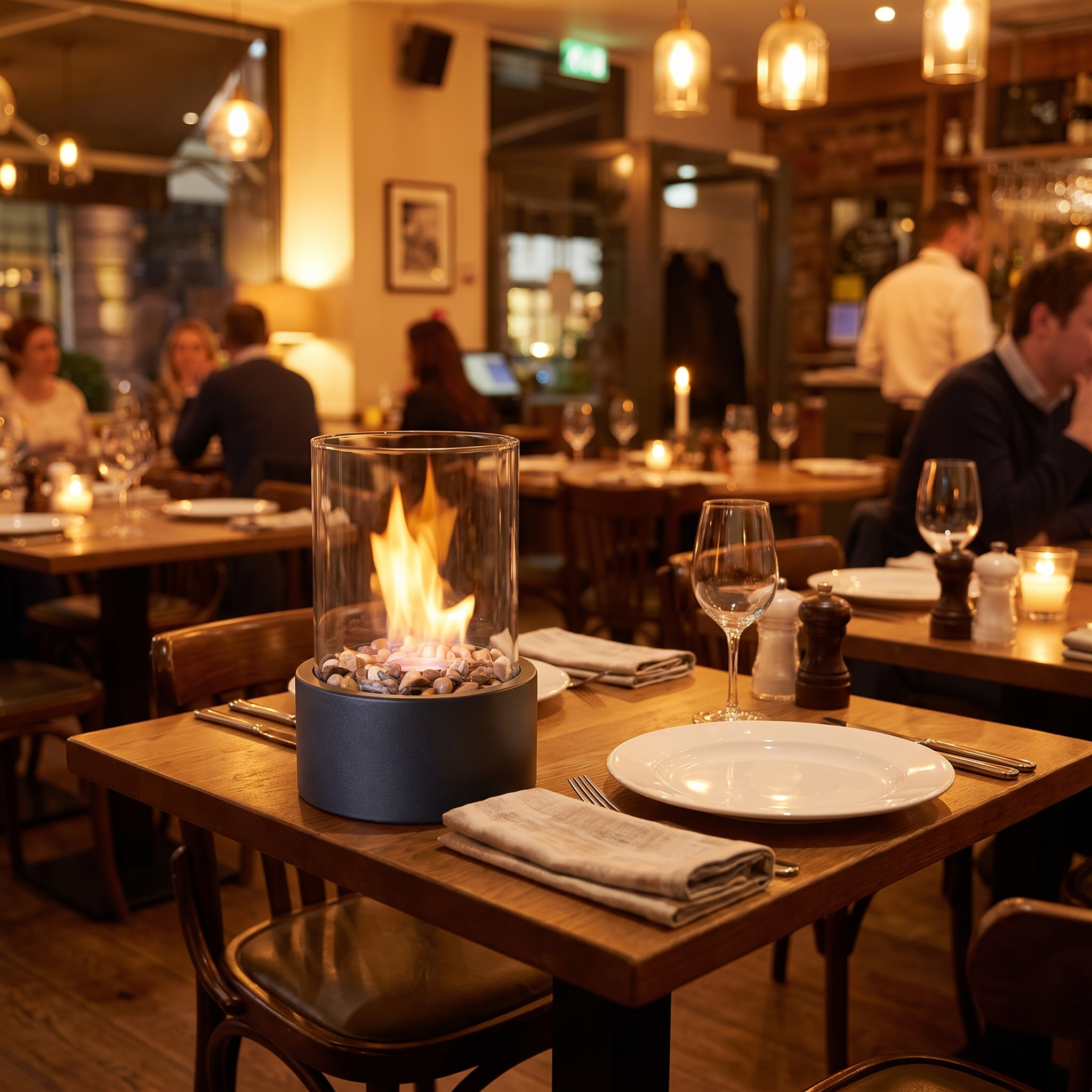 Draadloze tafellamp op een gedekte restauranttafel