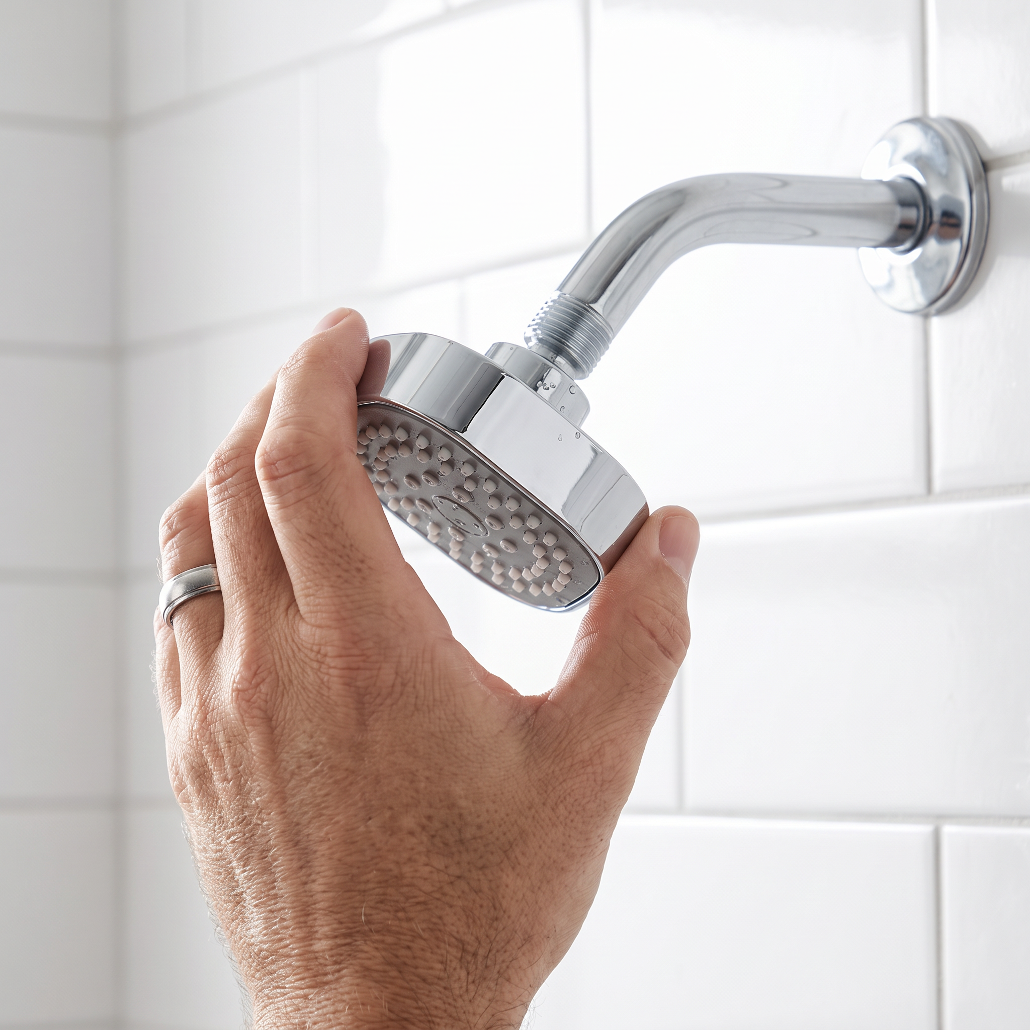 Douchekop met ingebouwd filter in de hand bij de douchearm