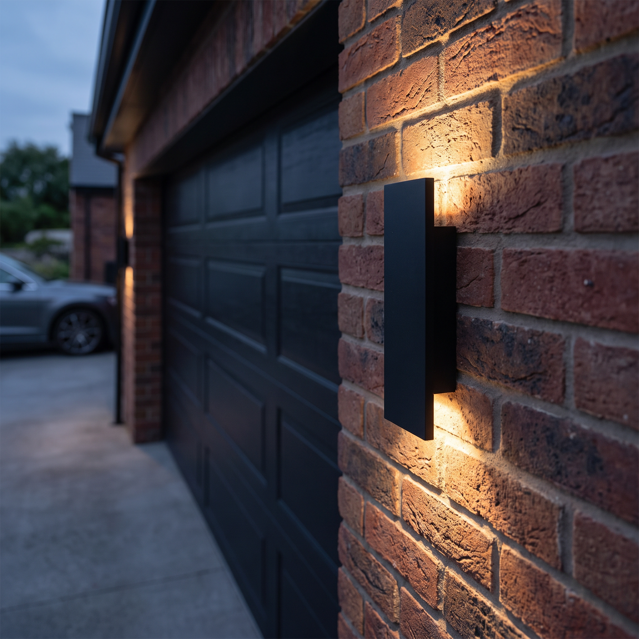 LED buitenlamp naast een garagedeur aan een oprit in de schemering